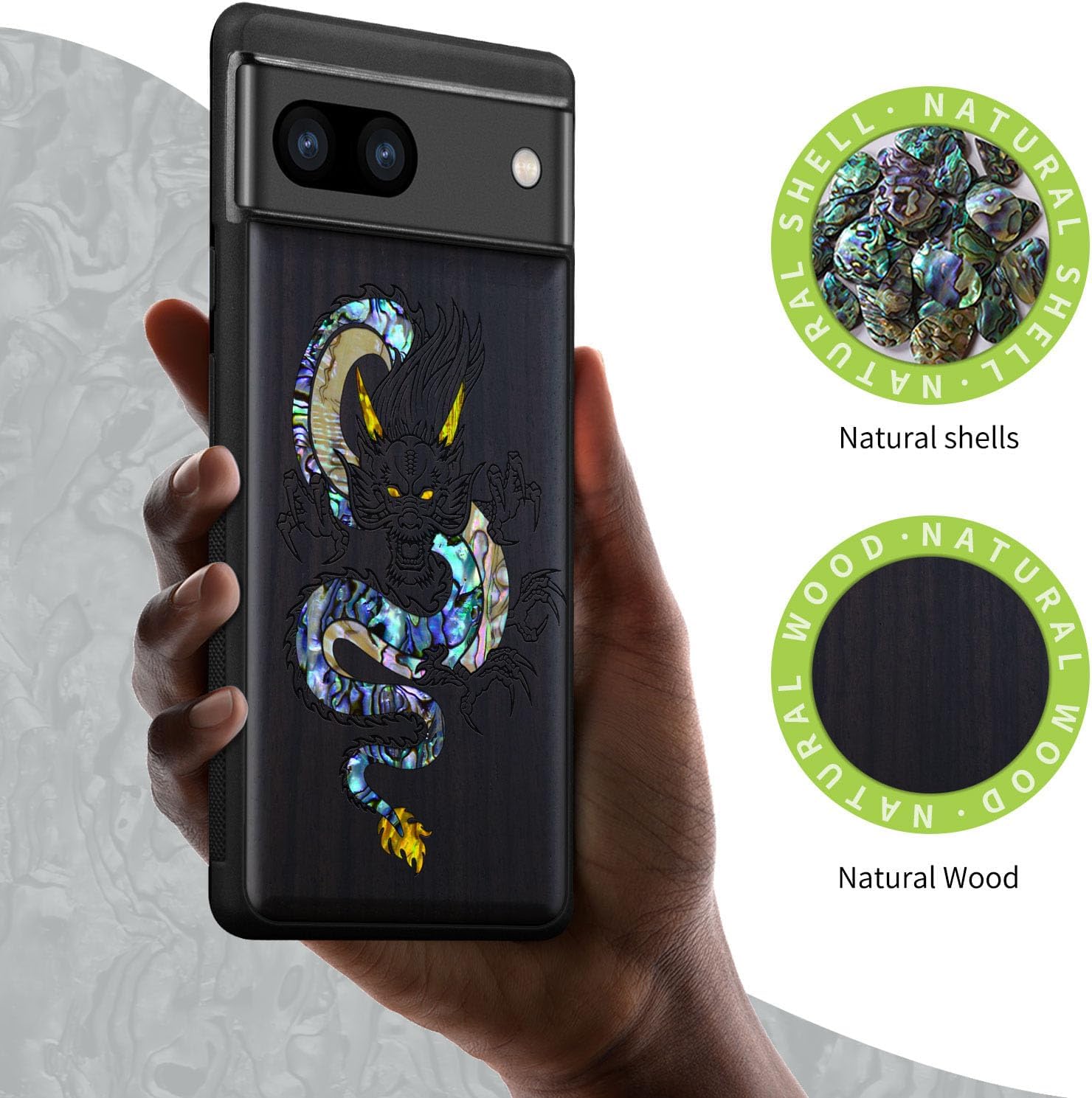 Carveit Designer Wooden Case for Google Pixel 8a Case Cover [Wood Engraving & Shell Inlay] Compatible with Wireless Chargers Pixel 8a (The Oriental Dragon-Blackwood)