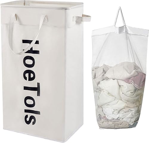 Cesta de ropa sucia grande con asas de 100 litros, con bolsa interior extraíble, cesta de lavandería alta y delgada para esquina dormitorio, baño,