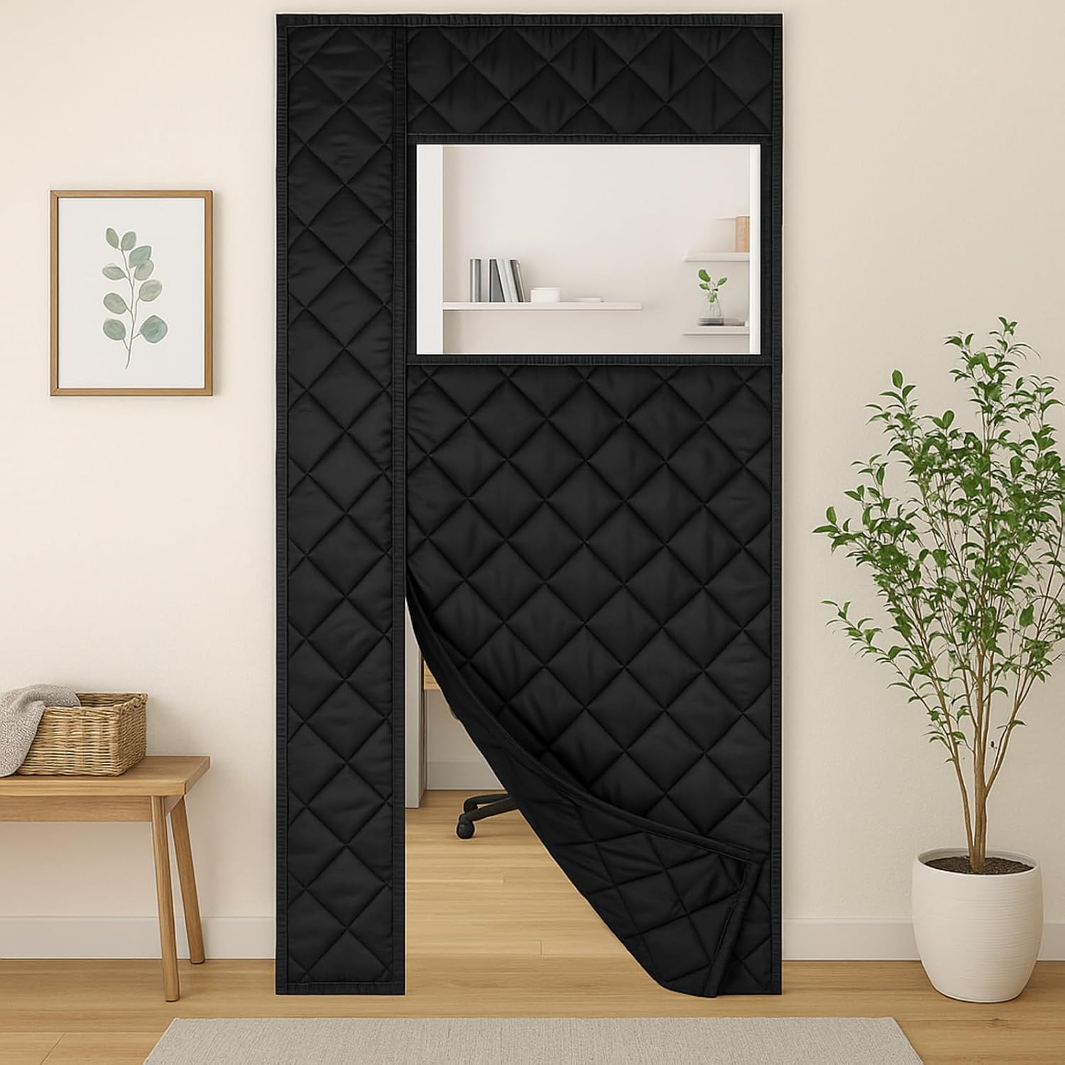 Magnetic Thermal Insulated Door Covers, Fits up to 34" x 80", Temporary Door Curtain with Visible Windows, Oxford Cloth with Cotton, Keep Cool Air in, Water-Proof, Reduce Hot Air & Noise