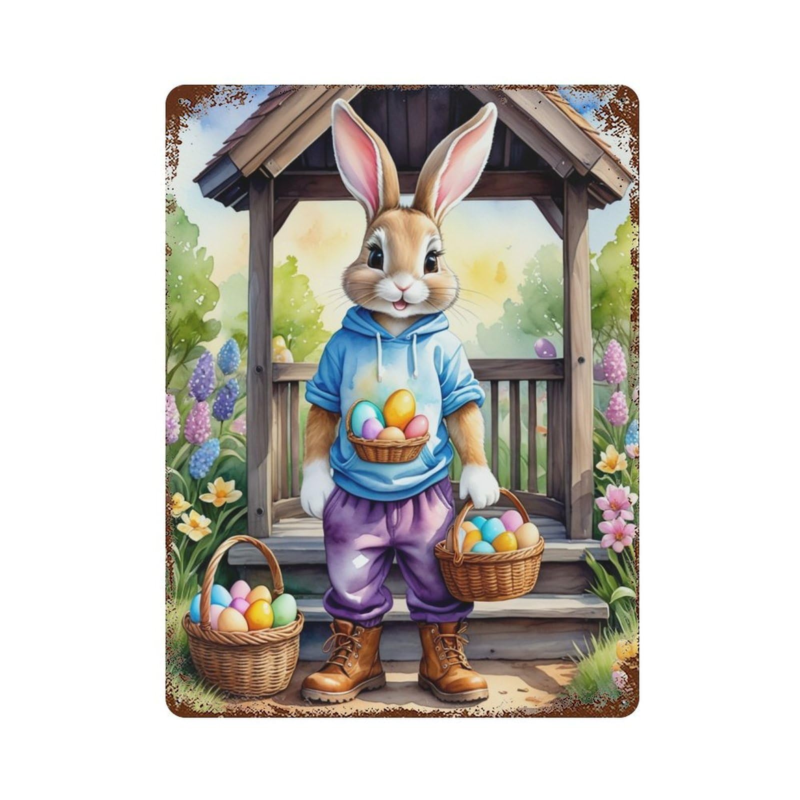 Easter Bunny Egg Basket Set Distressed Metal Wall Sign 15.7"x11.8", Rustic Home Decor for Living Room, Hallway And Home Decor