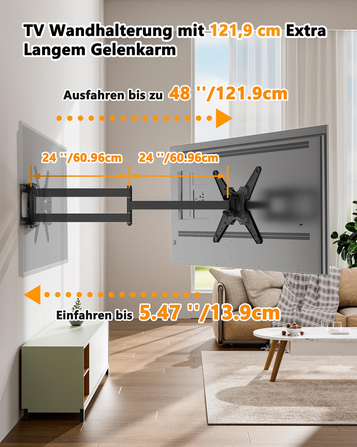 TV Wandhalterung mit 1219mm Langer Reichweite, 90° Drehbare Wandhalterung Fernseher Schwenkbar Neigbar Voll Beweglich TV Halterung für 26-65 Zoll Fernseher & Monitor bis zu 50kg VESA 400x400mm
