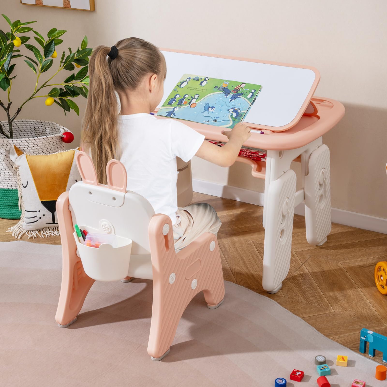 RELAX4LIFE 2 in 1 Set Tavolo e Sedia per Bambini con Lavagna Doppia Faccia Magnetica e Cancellabile, Altezza Regolabile, Cestello Portaoggetti, Tavolino per Bambini 1-12 Anni (Rosa)