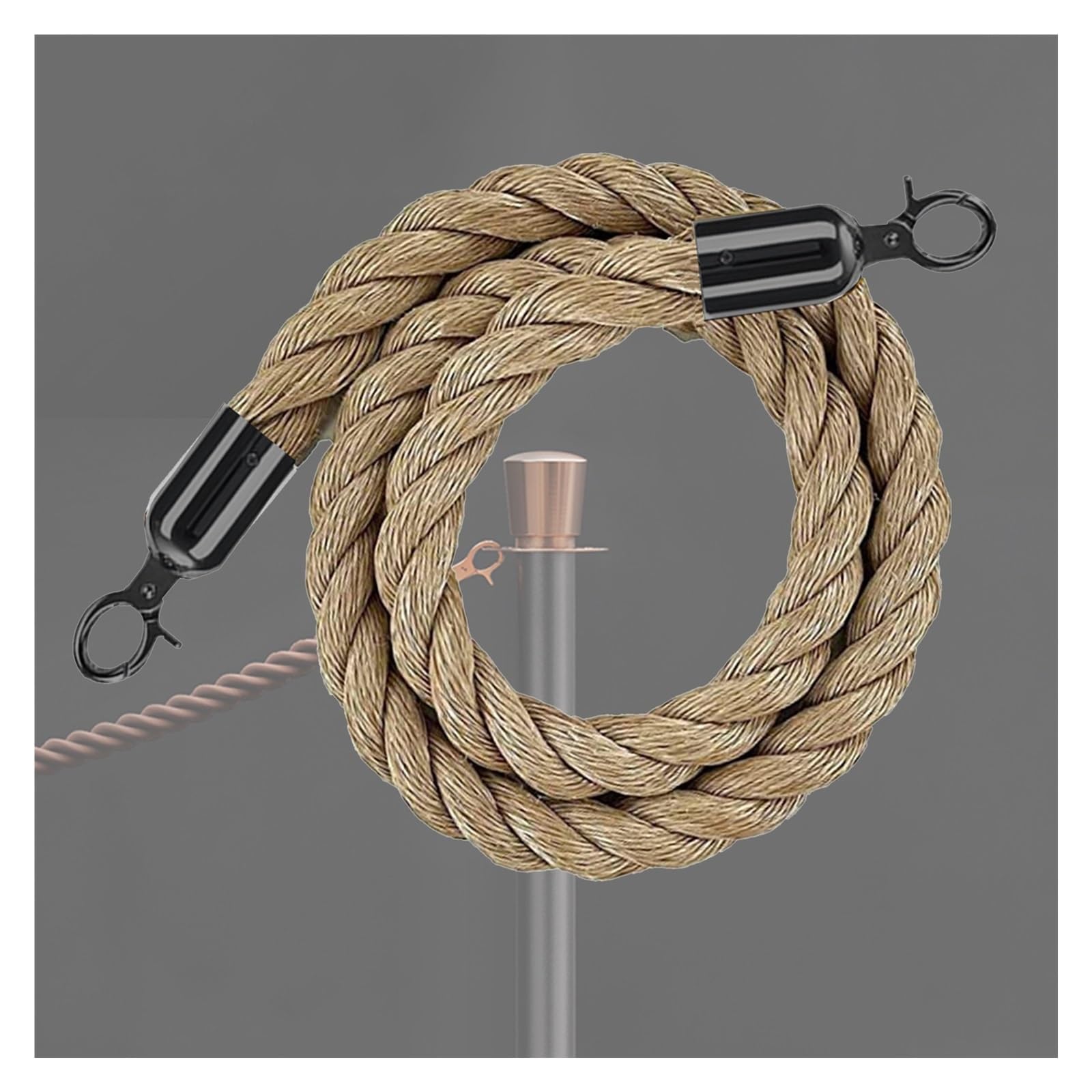 KLGFBDC Hemp Rope Crowd Control Barrier - 5ft Braided Rope with Elegant Black/Gold Hooks - Ideal for Queue Management at Events and Hospitality Solutions
