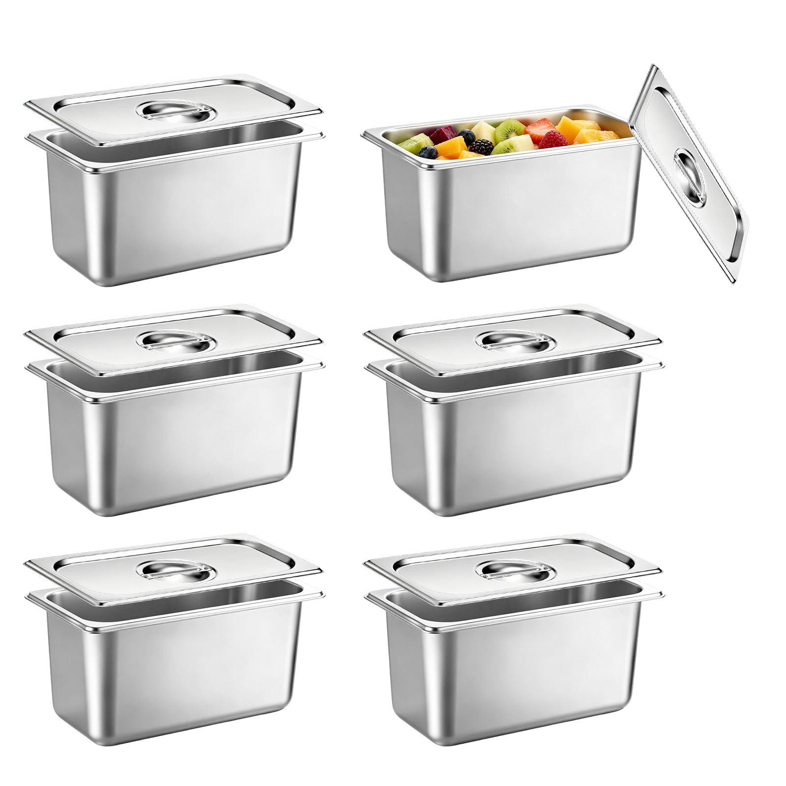 Set da 6 Contenitori GN 1/3 in Acciaio Inox con Coperchio | Vaschette Gastronorm Impilabili 33x18x15cm, Contenitori Professionali in Acciaio Inossidabile per Cucina, Buffet e Catering