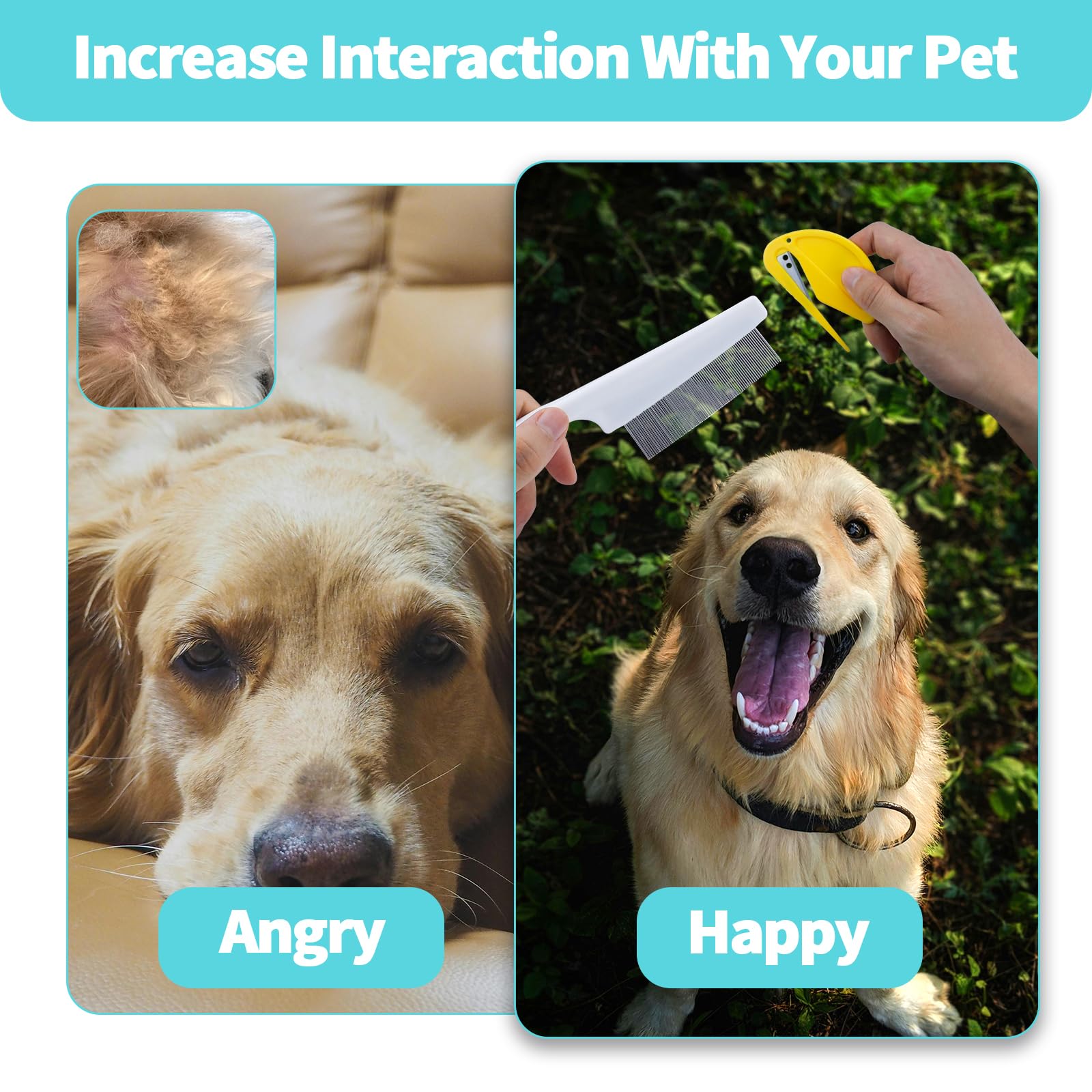 Peine de nudos para gatos y piojos de pulgas, peine de nudos de mascotas para depilación, juego de herramientas de eliminación de pelo de mascotas, adecuado para gatos, perros, peine de aseo para