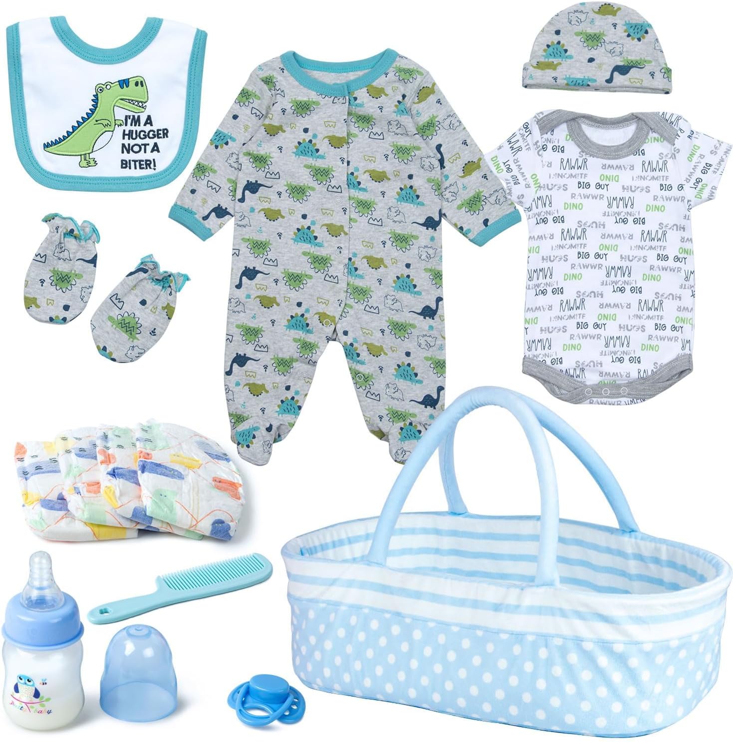 13 Pcs Reborn Baby Doll Clothes Dinosaur for 17-22 Inch Reborn Dolls Accessories Bodysuits +Bassinet+ Diaper Newborn Baby Doll Clothes Boy