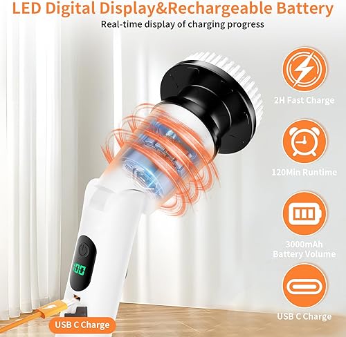 Miniatura 4 de Cepillo de limpieza eléctrico 11 en 1, cepillo de limpieza inalámbrico, 3 ángulos ajustables, 2 velocidades ajustables, pantalla LED, limpiador de