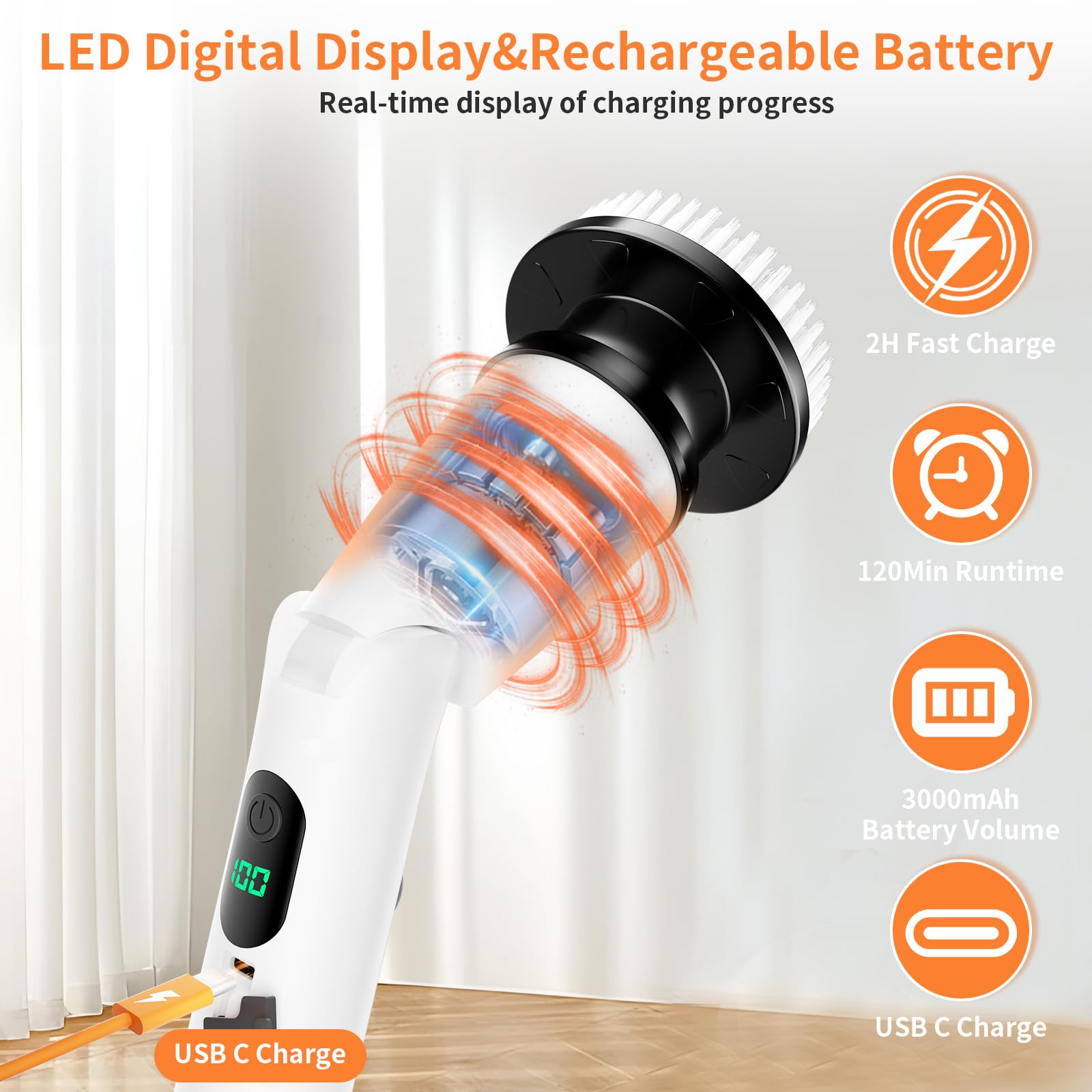 Spazzola elettrica 11 in 1 per la pulizia senza fili, 3 angoli regolabili, 2 velocità regolabili, display a LED, spazzola per la pulizia della doccia, prolunga con manico lungo per bagno, pavimento