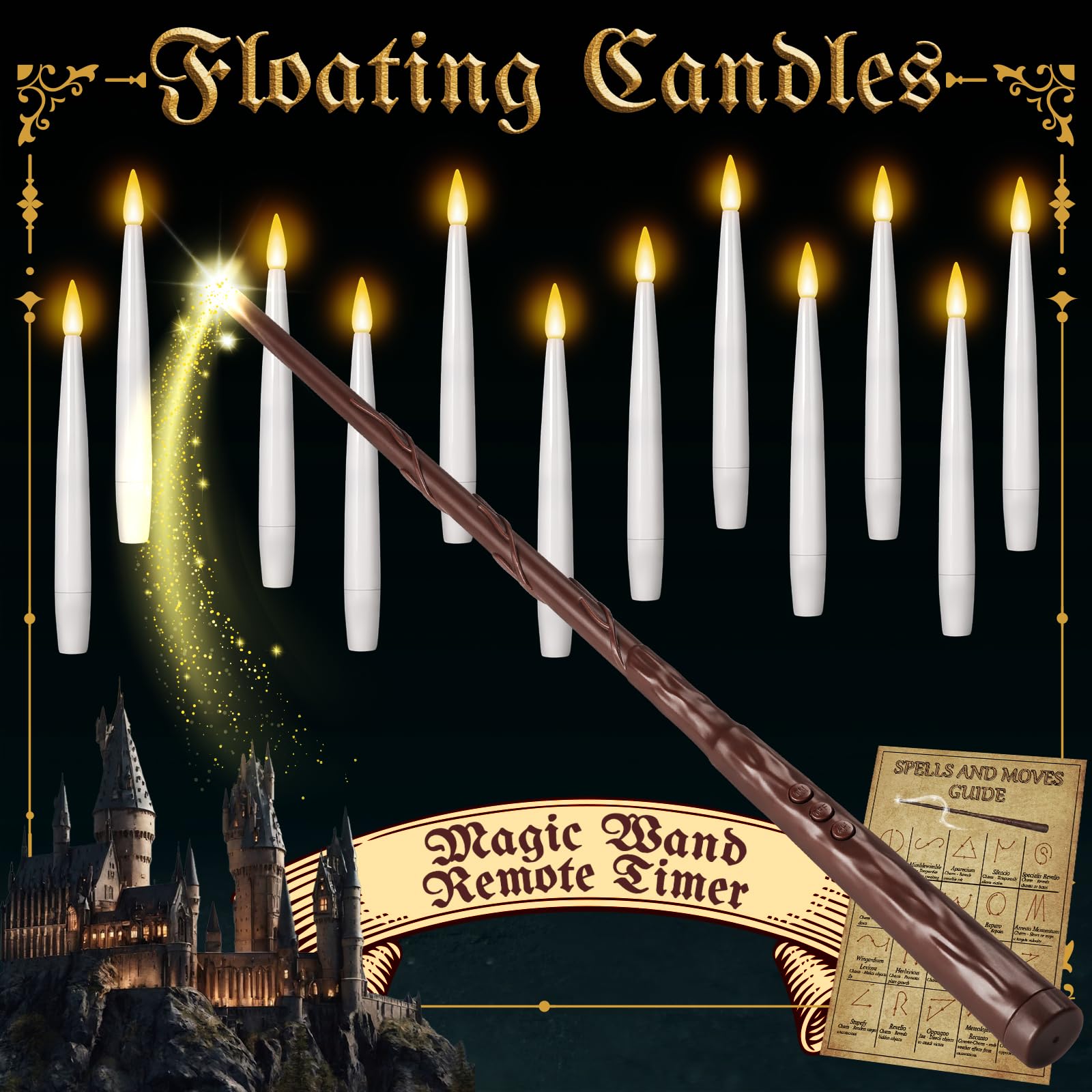 NURADA Floating Candles with Wand Remote Timer - Magic LED Hanging Flameless Taper Candles Flickering Battery Operated for Birthday Theme Party Halloween Home Window Decor - White 12 Pack