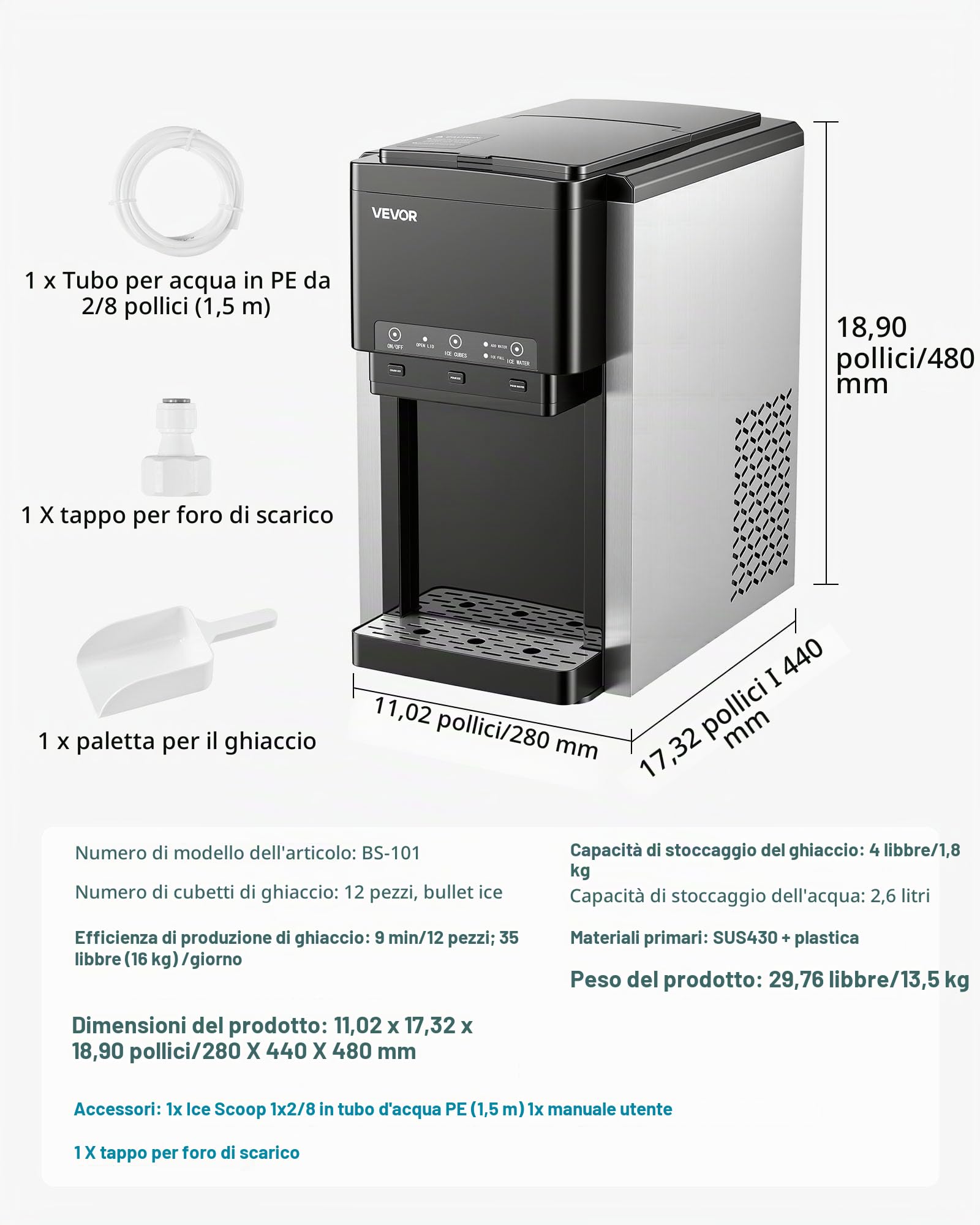 VEVOR Macchina Ghiaccio da Tavolo Multifunzione, Distributore d'Acqua da Tavolo, Produzione Rapida con Contenitore di Stoccaggio, Ghiaccio Sferico o Tritato e Acqua Fredda, per Feste in Cucina