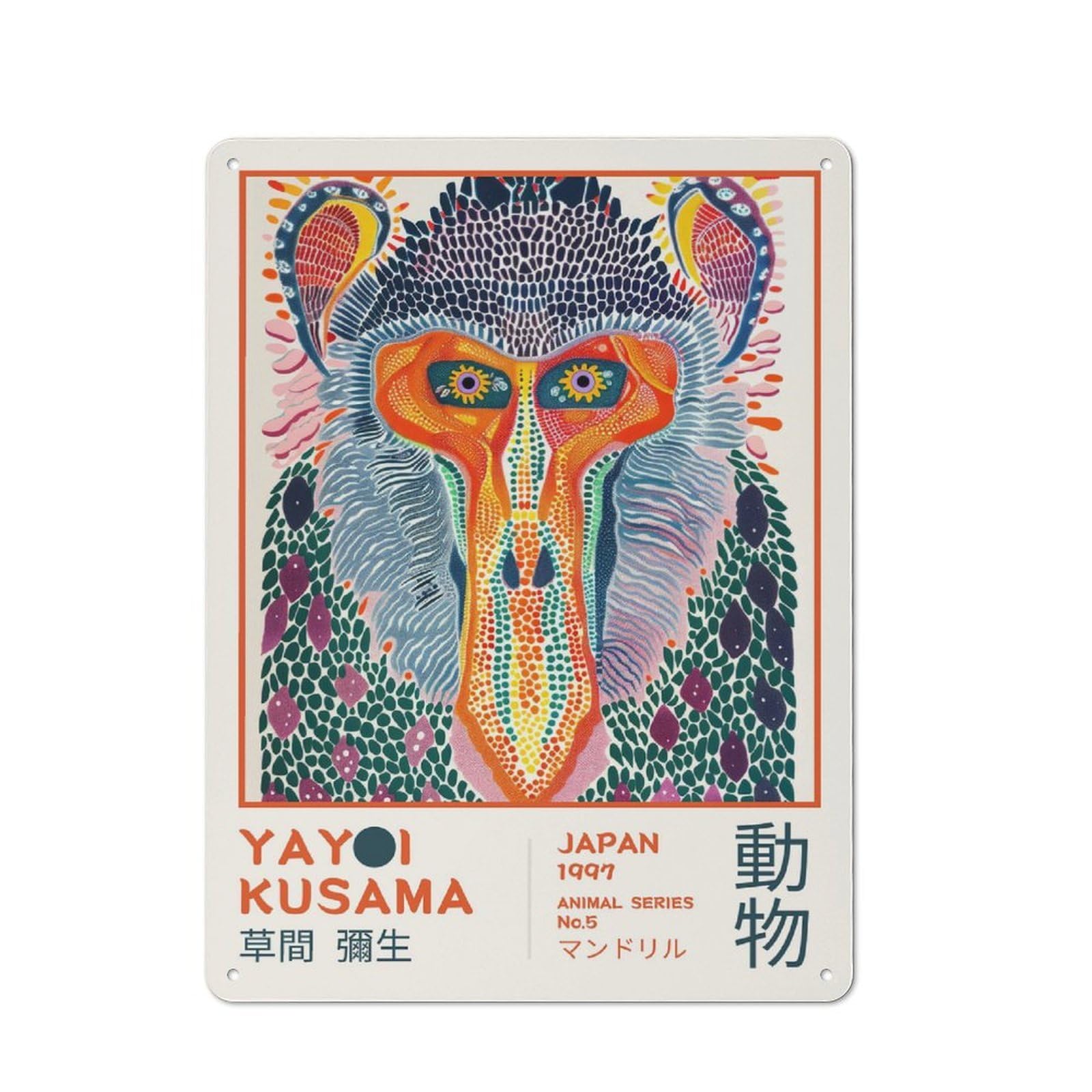 Junmoney Style-12 Yayoi Kusama Mandrill No.5 Exhibition Poster Tin Sign 40X30cm For Hallway Wall, Retro Wall Decor, Suited To New Home Decorators