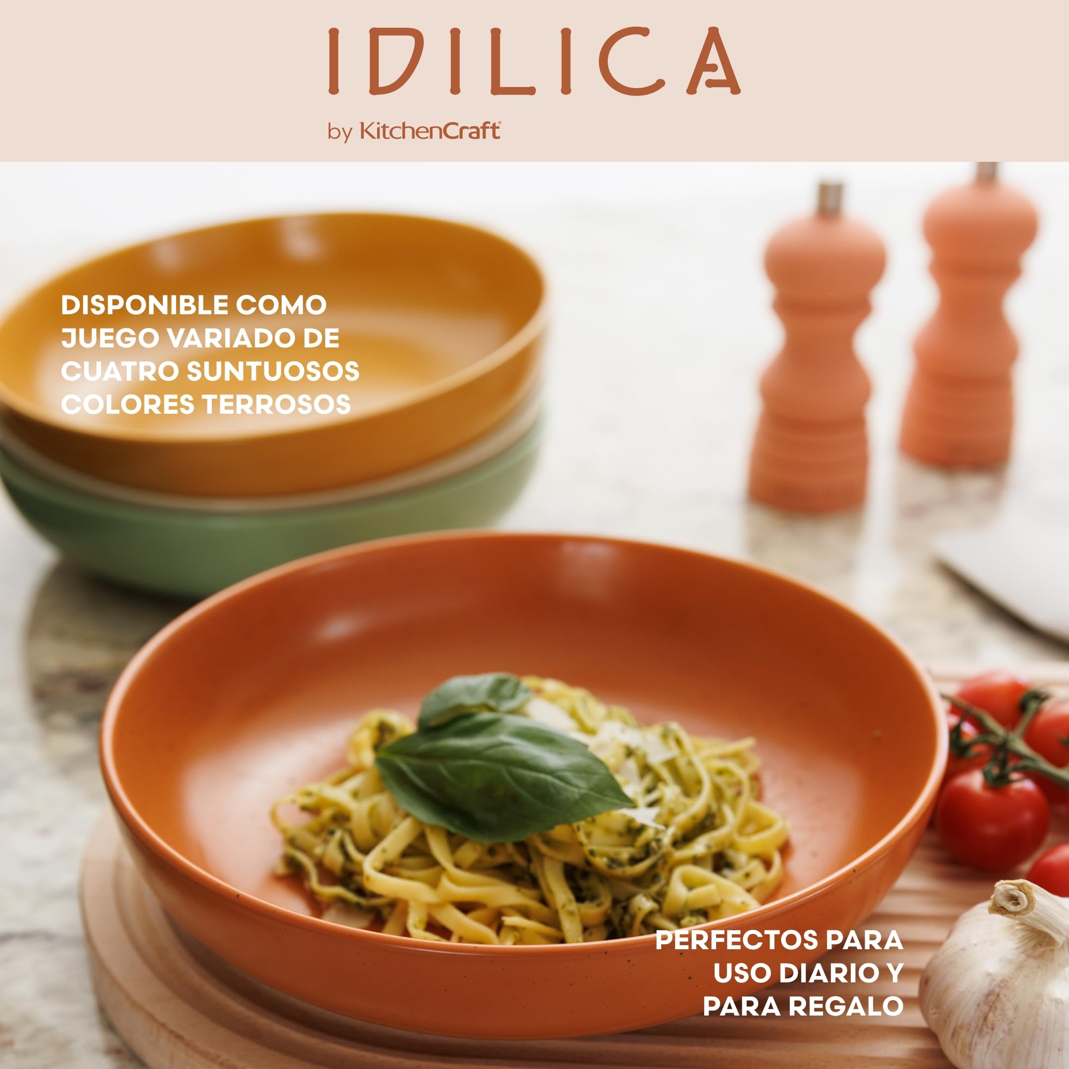 KitchenCraft Idilica Tazones de Pasta de Gres, Juego de 4 Tazones de Cerámica poco profundos, Aptos para Microondas y Lavavajillas, Colores Surtidos