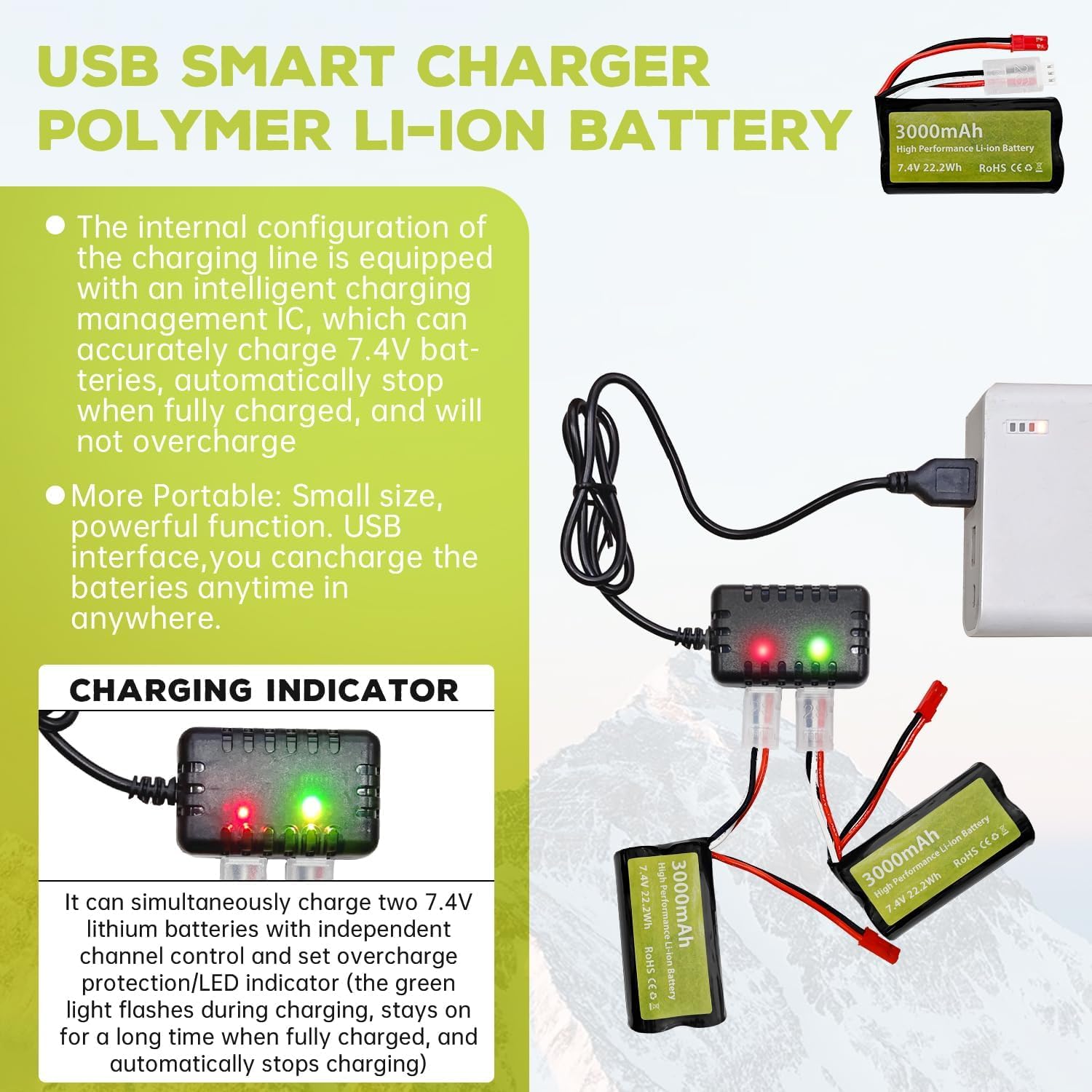 YUNIQUE GREEN-CLEAN-POWER - 2 Pezzi 7.4V 3000mah 15C 2S batteria agli ioni di litio con spina JST-2P con caricabatterie 2-in-1 per UDIRC UD1601 UD1602 SG1603 RC Car 1/10, 1/12, 1/16 Scala Truck RC