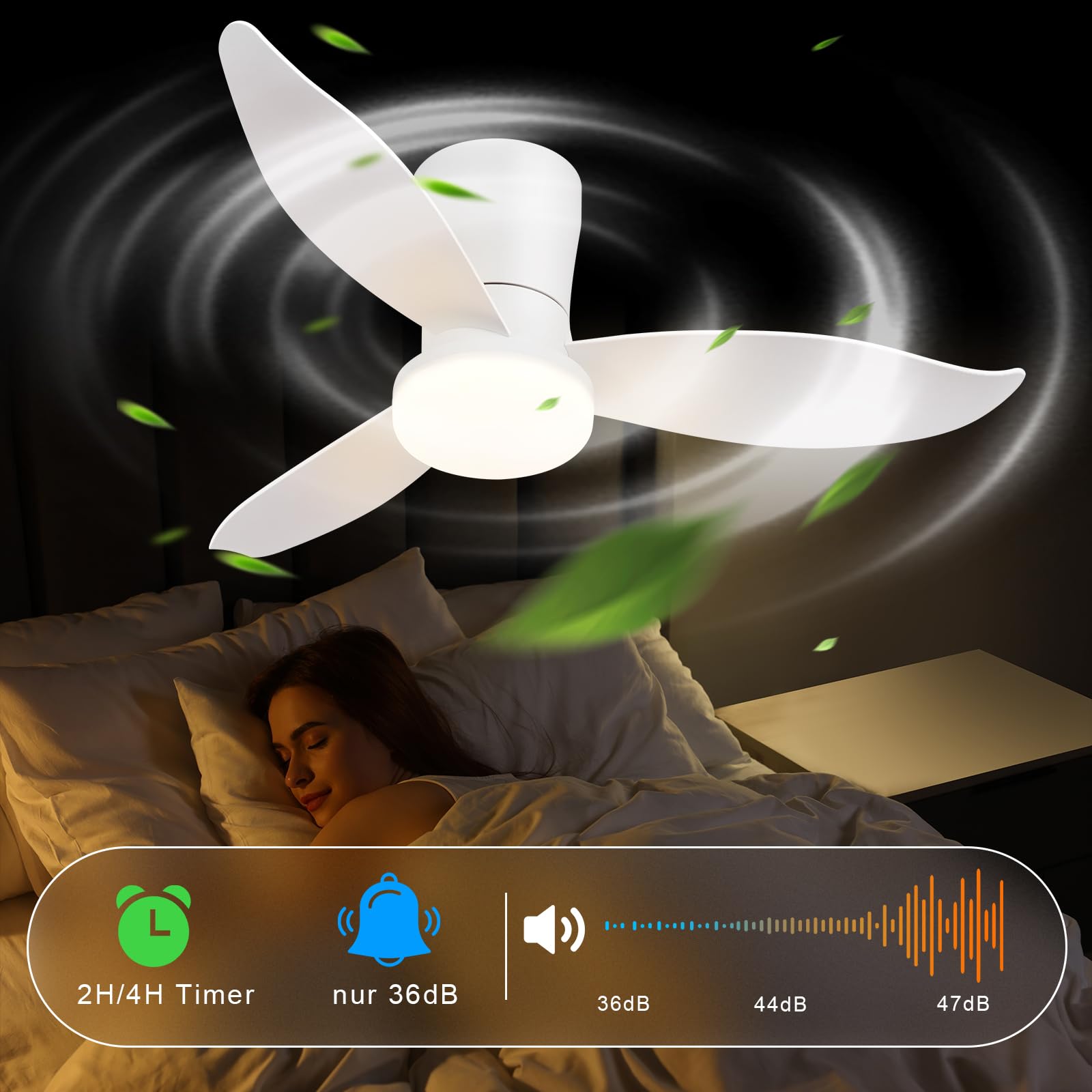 Homefire Ventilador de techo luz - Ventilador de techo silencioso de 3 aspas con luz, blanco, brillo ajustable, 6 velocidades, control remoto Lámpara de techo para dormitorio o cocina