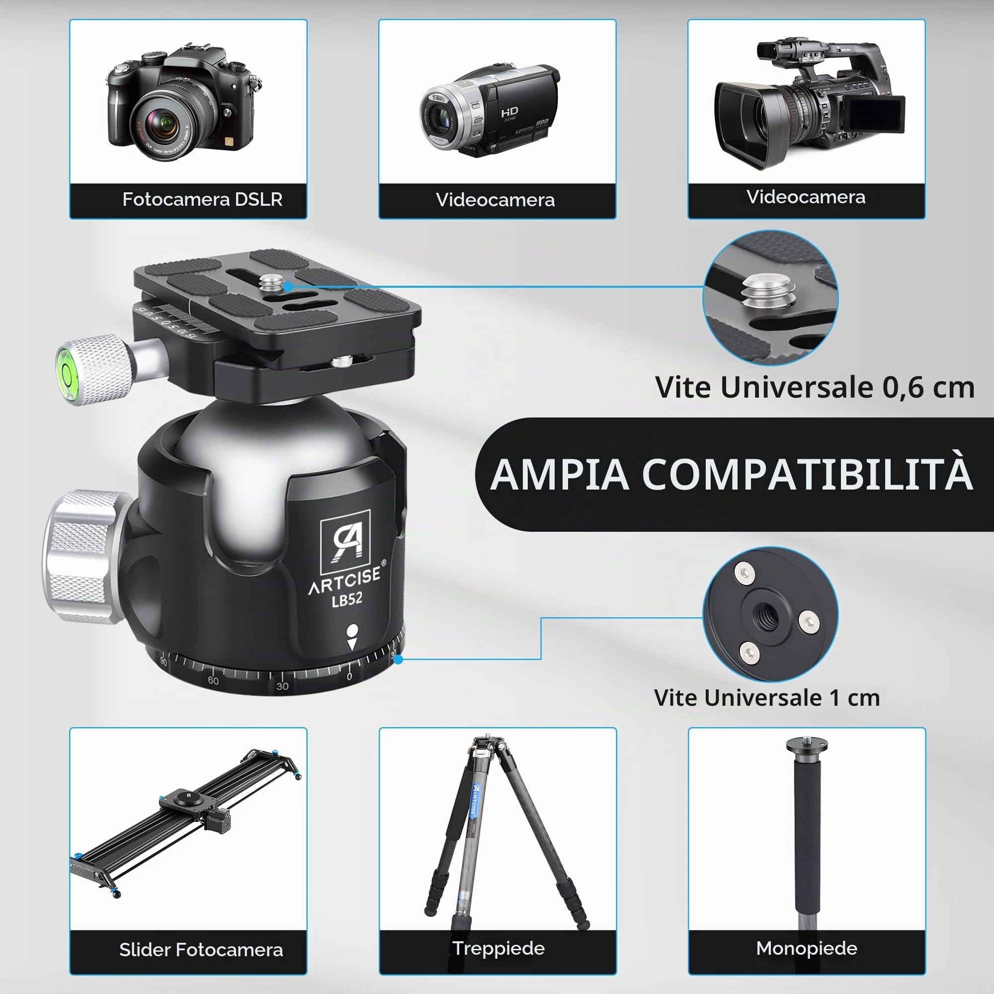 Testa per treppiede a basso profilo, diametro 52 mm, testa a sfera ARTCISE LB52, interamente in metallo, con due piastre a sgancio rapido da 1/4" per treppiede, monopiede, DSLR, videocamera
