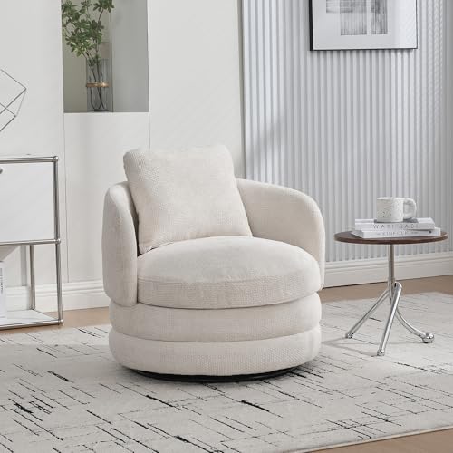 KEIKI Modern Swivel Barrel Chair – 360° Round Accent Chair with Pillow, Chenille Upholstered Comfy Armchair, Living Room Chair, Reading Chair, Recliner Chair Alternative for Bedroom & Lounge