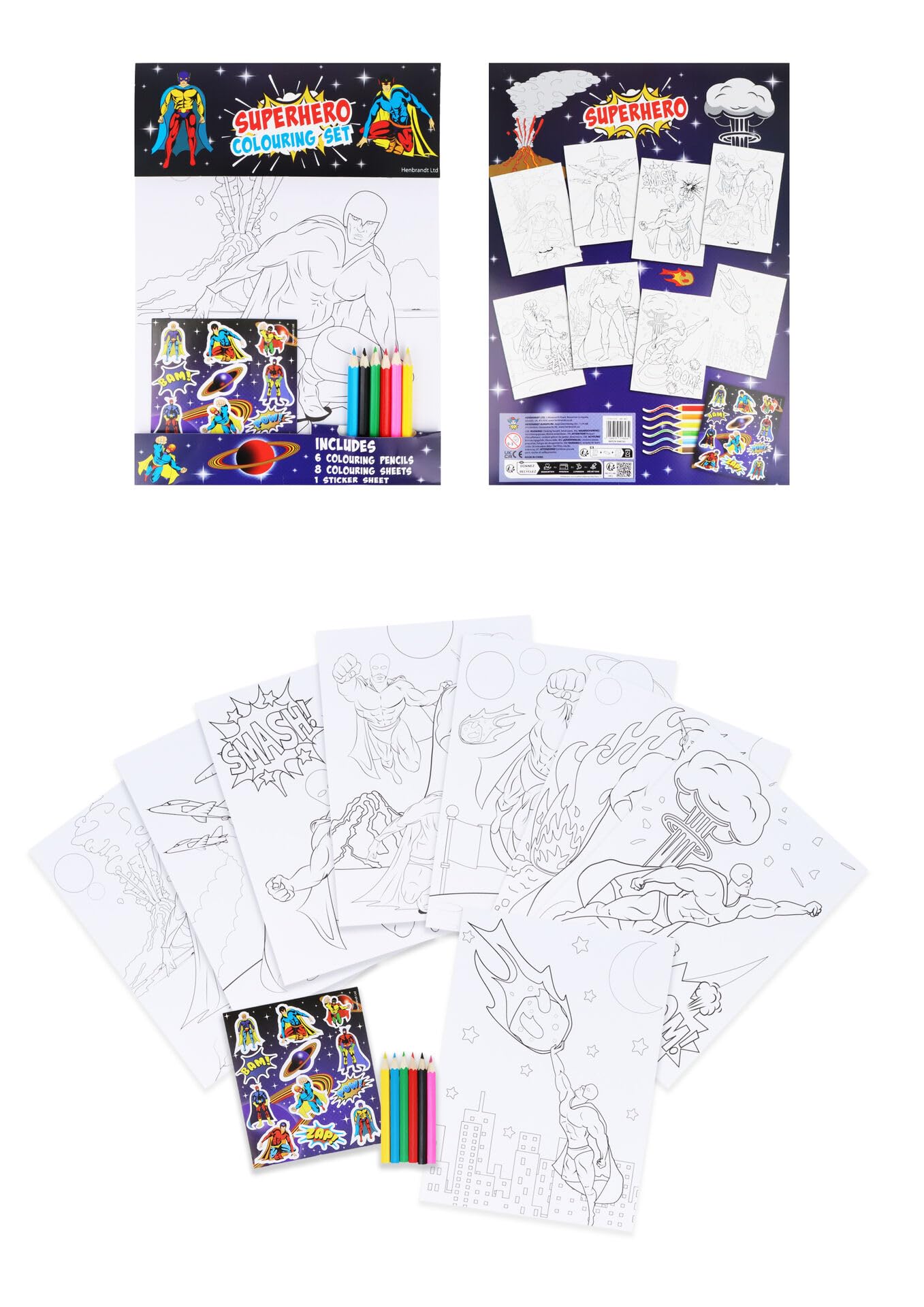 HENBRANDT 12 x Superhero Colouring Sets with 8 Sheets and 6 Mini Colouring Pencils Each A4 Colouring Children’s Activity Packs Super Hero Birthday Loot Bag Party Favours for Boys and Girls