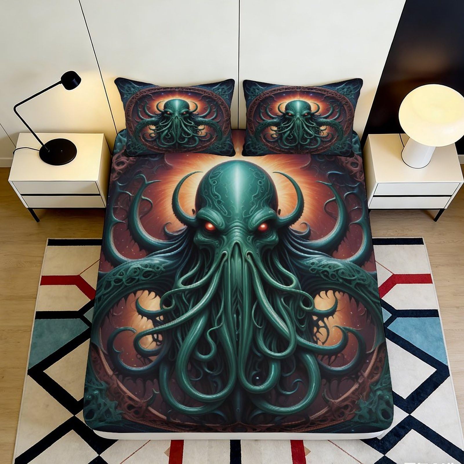 Pnayamiorkfel Style-5 3D Printed Cthulhu Octopus Fitted Sheet Microfiber Black Red Cosmic Horror Bed Cover Non-Slip Machine Washable Decor 90X200x25cm