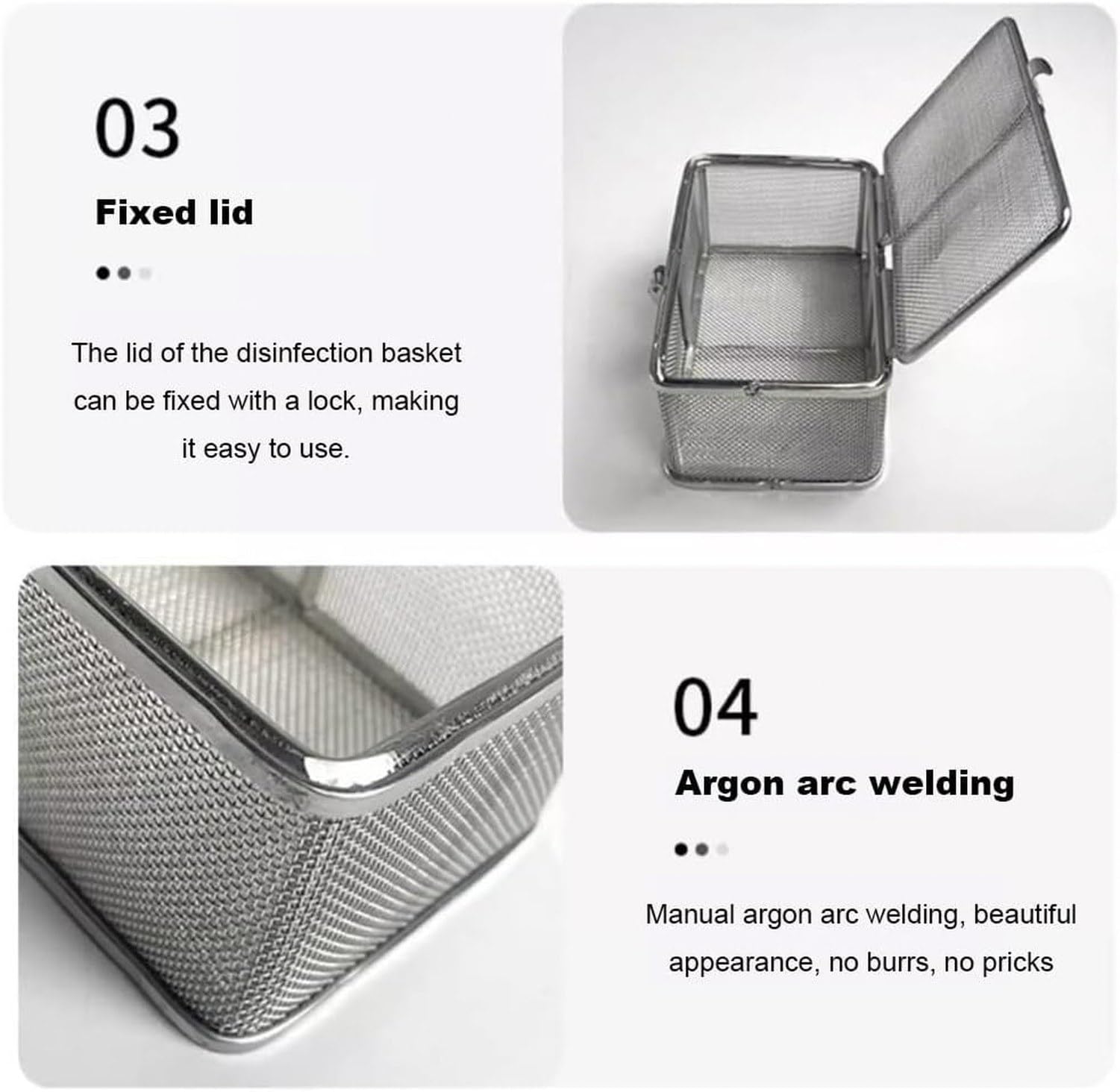 Cesta de malla acero inox con tapa para esterilizar, 48*25*7cm, Malla 1mm
