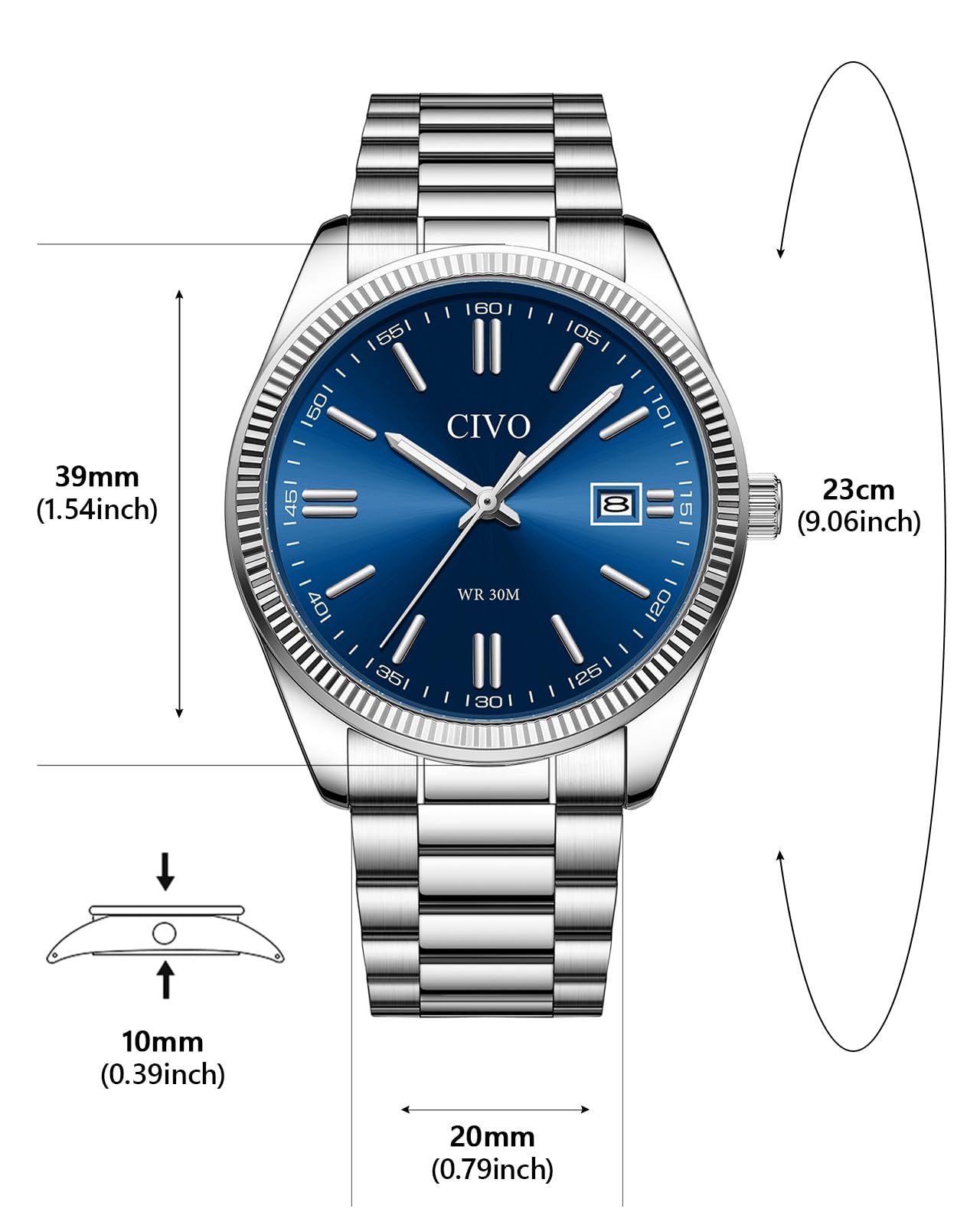 CIVO Analog Mens Watches Silver: Wrist Watches with Date Easy to Read - Dress Stainless Steel Watch for Men Gifts for Husband Father at Birthday Anniversary