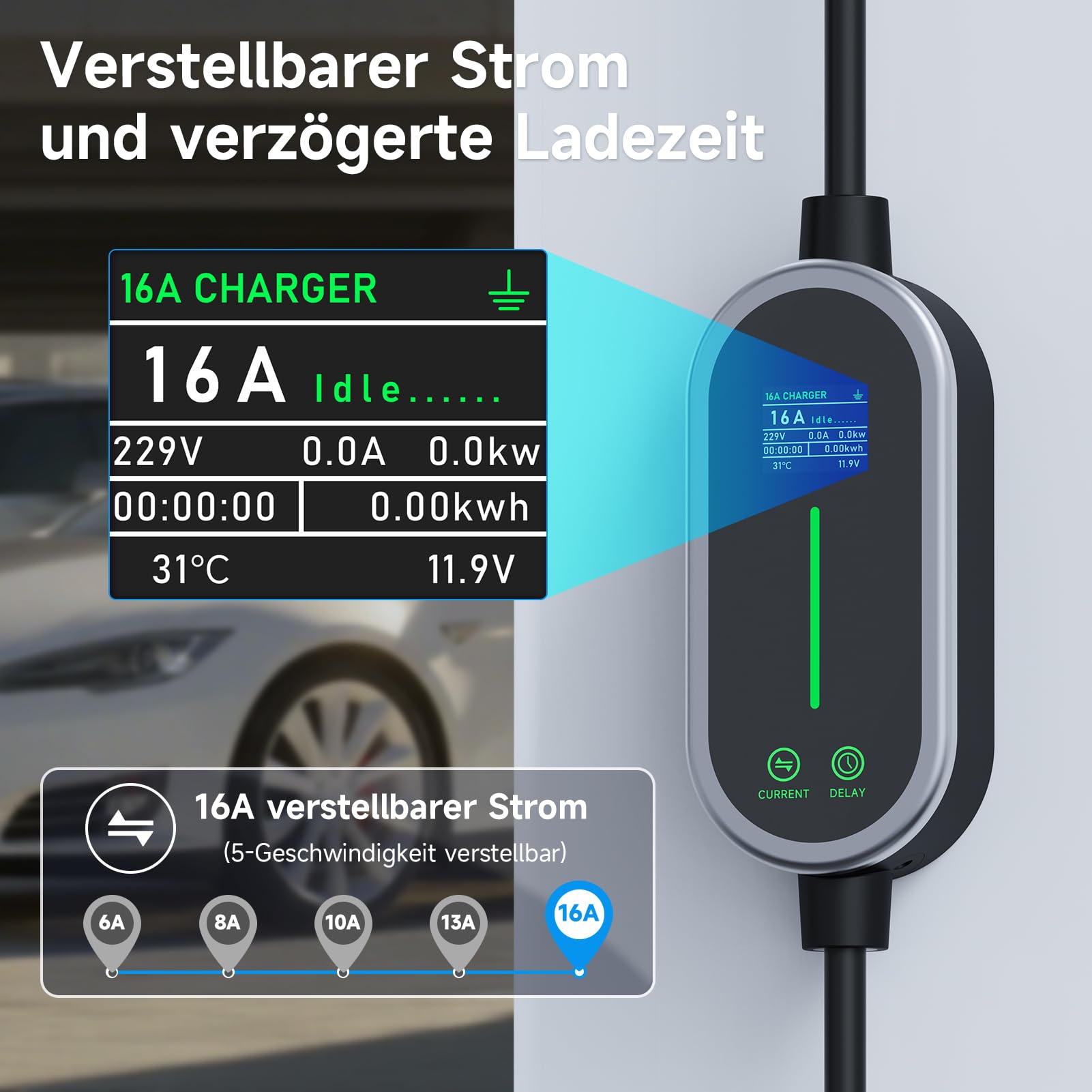Typ 2 Ladekabel, 3,6kW Mobile Wallbox, 15M 6-16A EV Ladegerät Typ 2 Schuko, Tragbare Auto EV Charger Einstellbarer Strom & Verzögerungszeit, IP65 für EV PHEV IEC 62196-2
