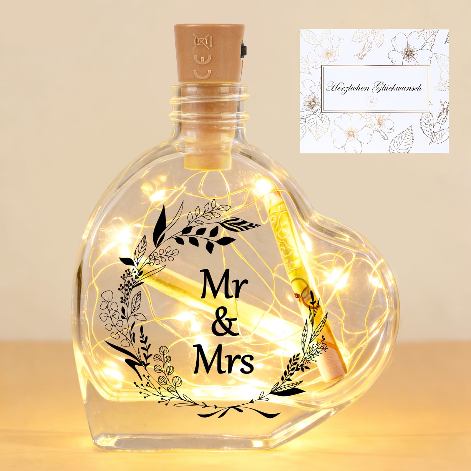 Seutgjie Hochzeitsgeschenke für Brautpaar, Mr & Mrs Deko Hochzeit Geldgeschenke mit Grußkarten LED Flaschenlicht mit Spruch Originelle Personalisiert Wedding Gift