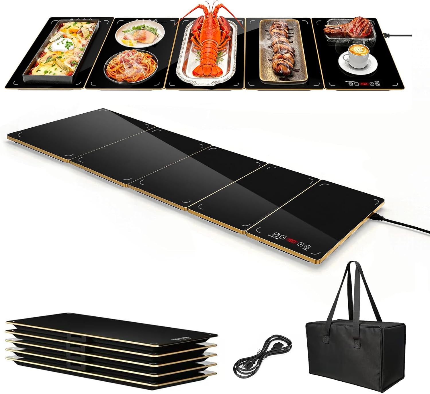 Electric Warming Tray XXXL 44"x16" with Storage Bag, Adjustable‑Size Food Warming Mat, 5‑in‑1 Expandable Modular, Food Warmer for Parties, Buffet, Catering & Gathering, 8‑Level Temp & Timer, Gold Edge