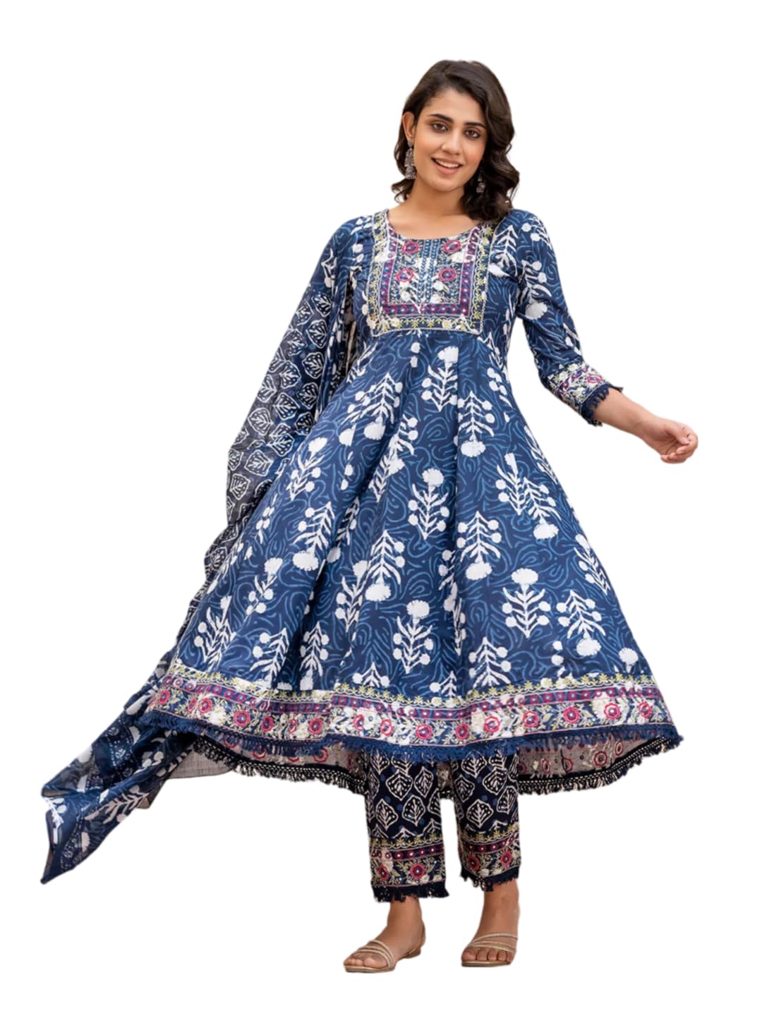 INDACORIFY Indisches Kurti aus bedruckter Baumwolle, schönes Kleid mit Blumendruck und Dupatta-Hose für Damen in Übergröße, Anarkali-Anzug