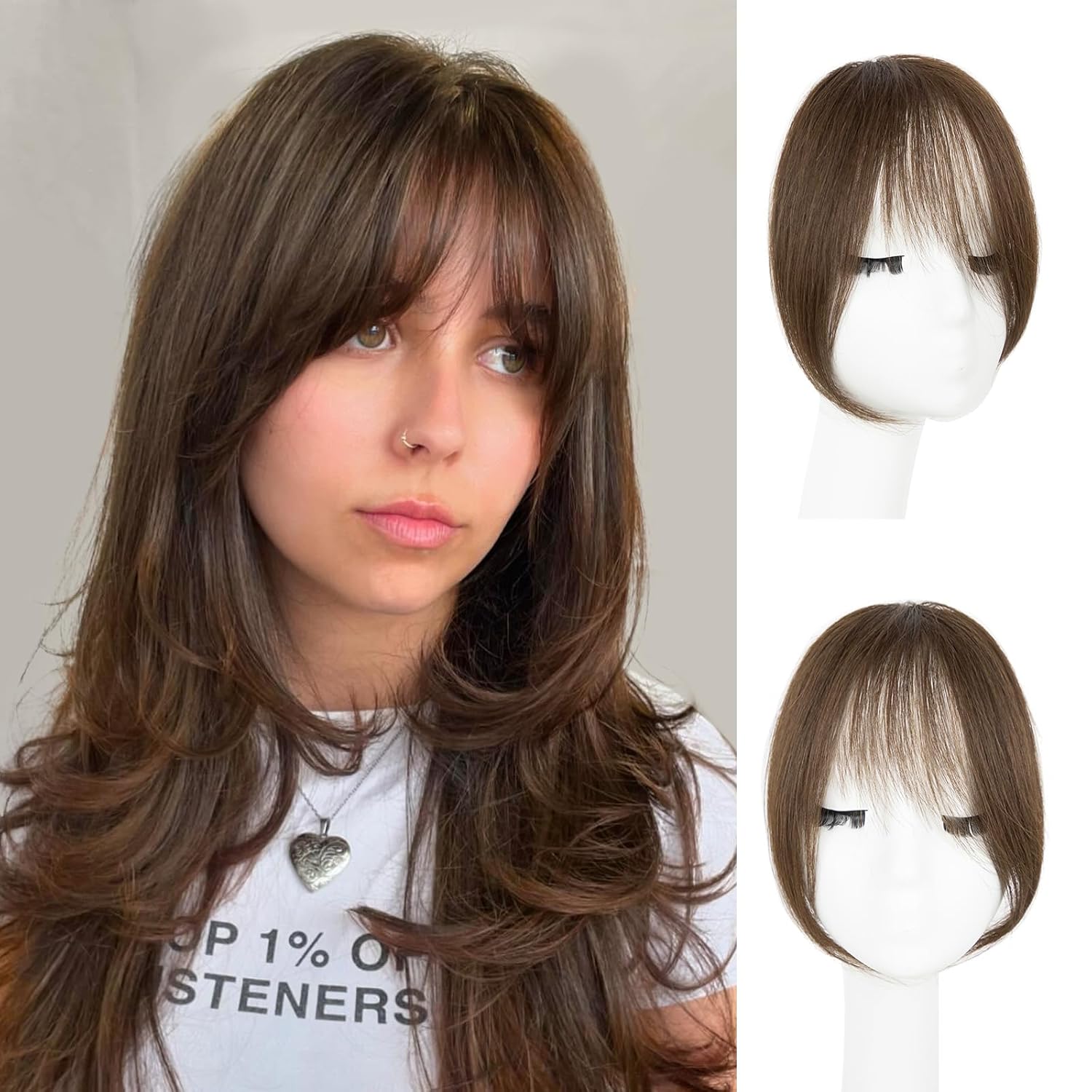Clip in Bangs, 100% Real Human Hair Medium Brown Fake Bangs Clip in Hair Extensions French Bangs Fringe with Temples Hairpieces for Women Curved Curtain Bangs for Daily Wear Medium Brown French Bangs