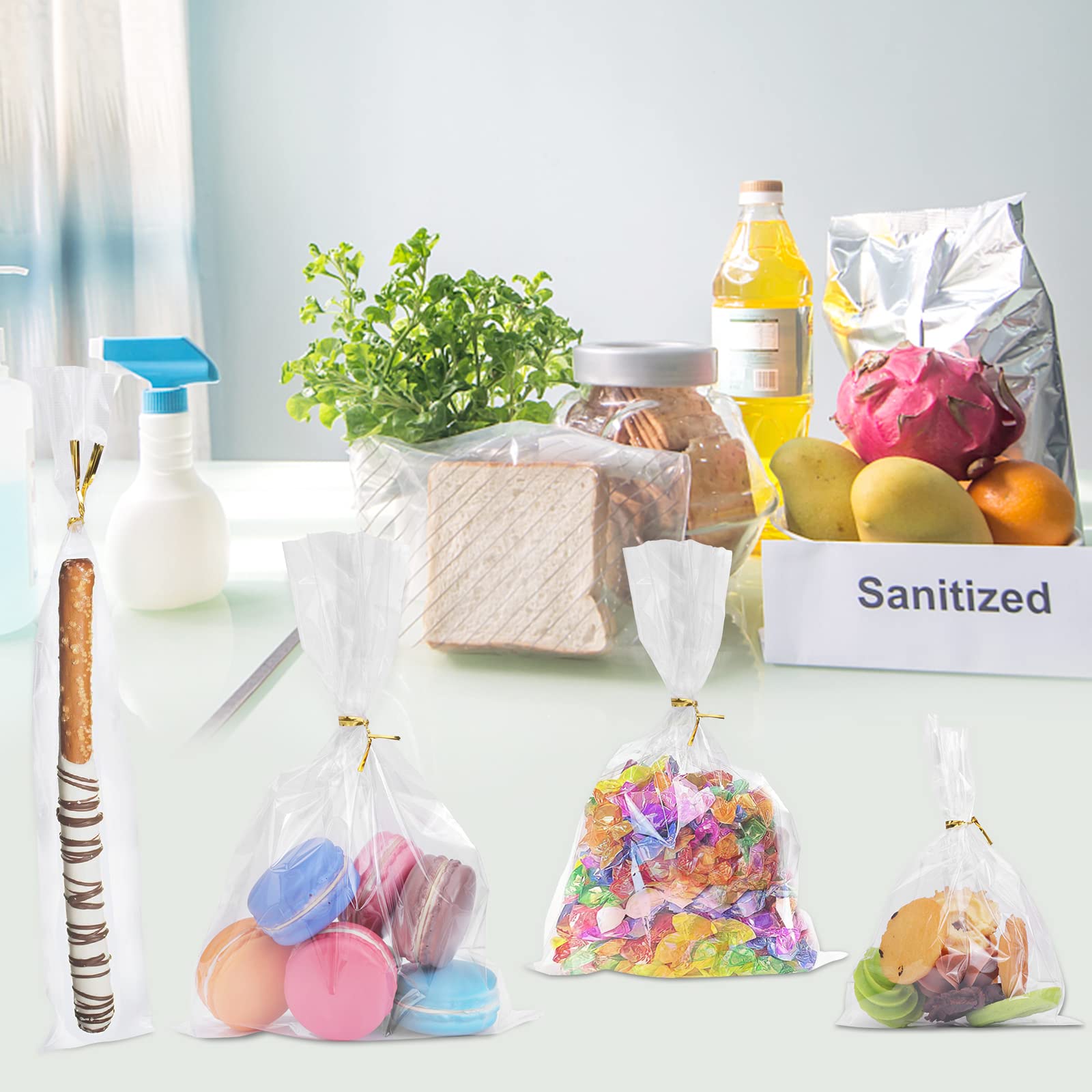 NEOACT 300 bolsas de celofán planas transparentes con lazos de 3 x 5, 4 x 6, 5 x 7, 6 x 9, 2 x 10, 5 x 11, las bolsas de golosinas con lazos son buenas para varillas de pretzel, panadería, galletas,