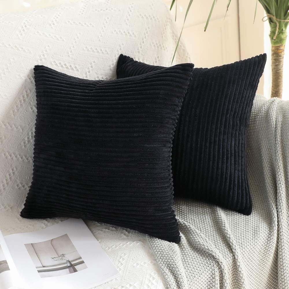 MIULEE Winter 24x24 Pillow Covers Set of 2 Soft Striped Corduroy Euro Pillow Shams for Couch Living Room Sofa Car 24 x 24 Inch Black