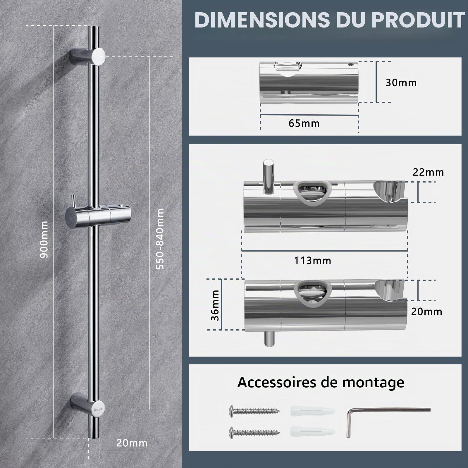 90cm Barre de Douche en Acier Inoxydable, DETBOM Barre de Douche avec Support de Pommeau de Douche Réglable à 360° et Fixations Murales Variables pour S'adapter aux Trous de Perçage Existants, Chromé
