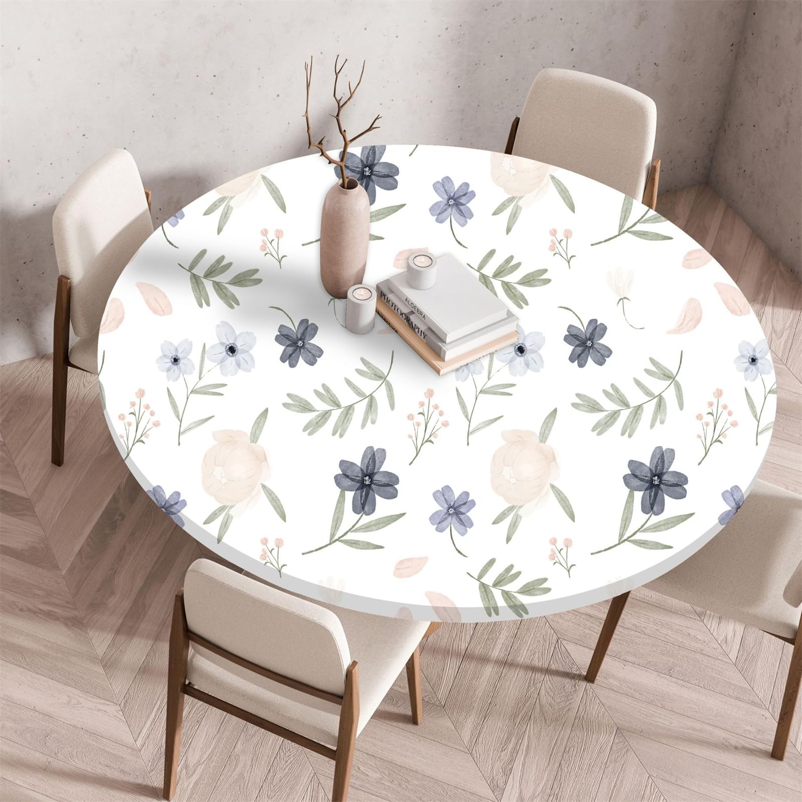 Muiuou Round Tablecloth, Flower Printing Waterproof Wipeable Table Cover Elastic Edge, Reusable Round Table Cover Cloth, Fitted Kitchen Restaurant Home Decoration