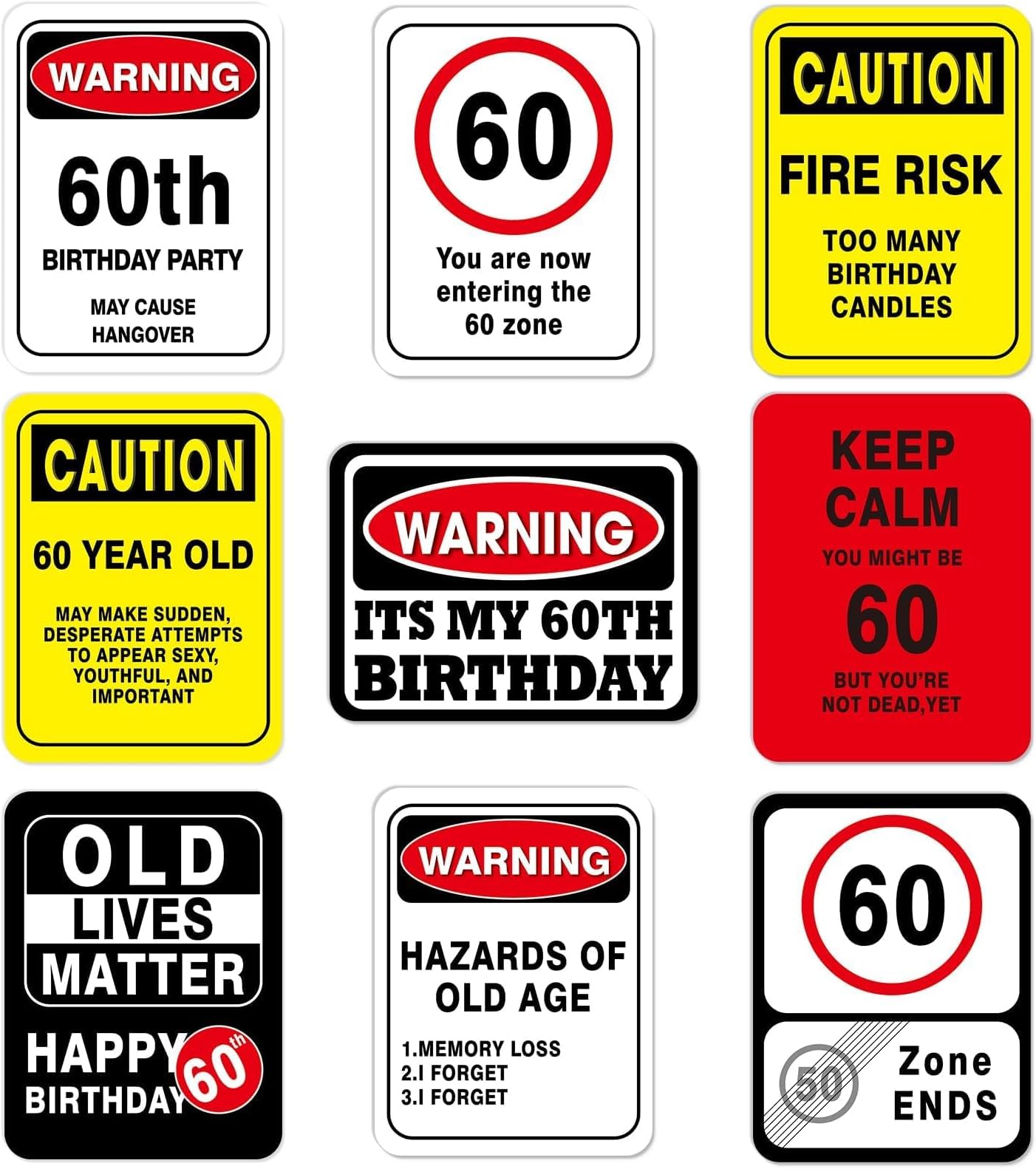 WERNNSAI 60th Birthday Decorations - 9 PCS Happy Birthday 60 Years Old Decor Yellow Funny Signs Yard Garden Door Wall Windows for 60th Party Picture Props Warning Logo for Men Women