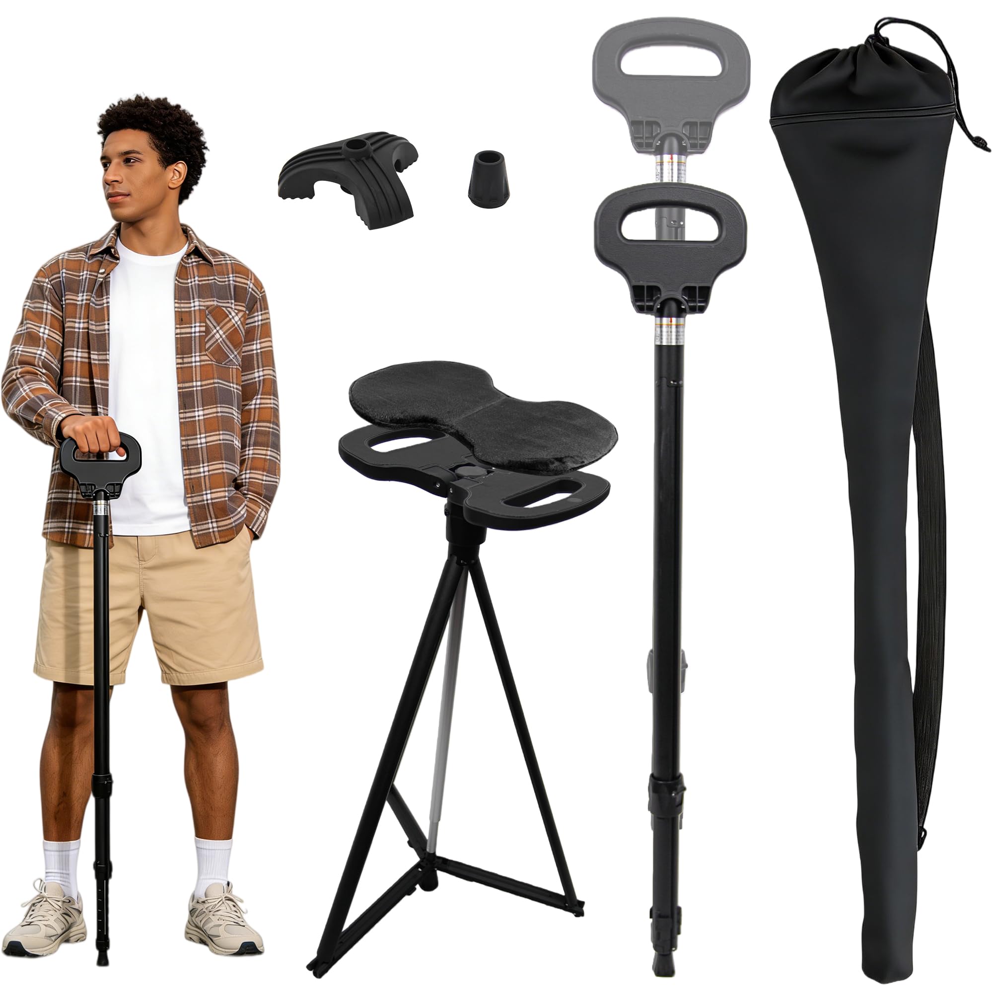 ALEVMOOM Bastone da passeggio con sedile pieghevole leggero, sgabello 2 in 1 per adulti, bastone da passeggio in alluminio con sedile, sgabello portatile per anziani, con borsa per il