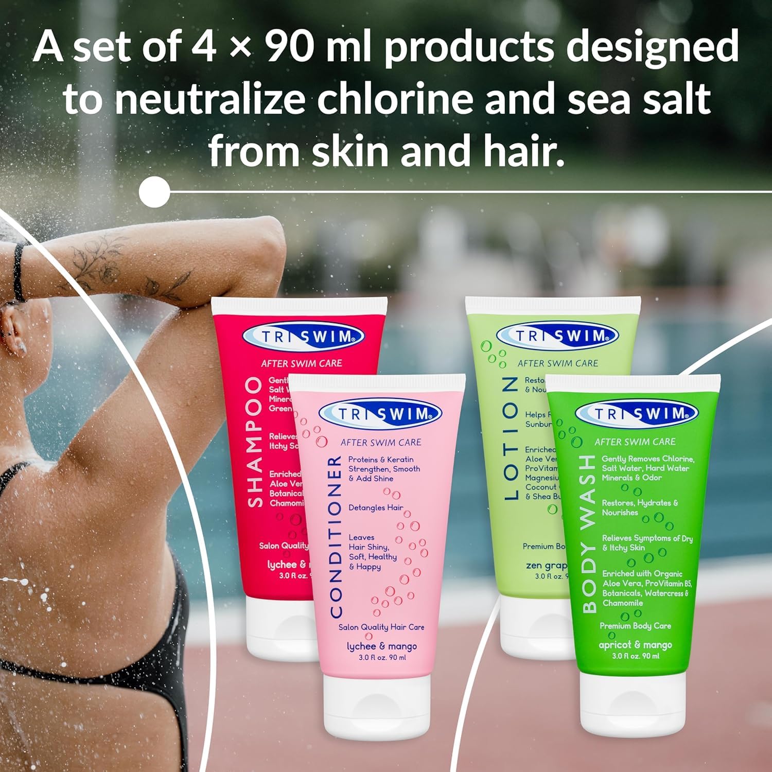TRISWIM Reiseset nach dem Schwimmen | Shampoo, Conditioner, Duschgel & Lotion | Entfernt Chlor, Salz und Poolchemikalien | Pflegt Haar und Haut | Exotic-Fruit-Duft, 4 x 90 ml