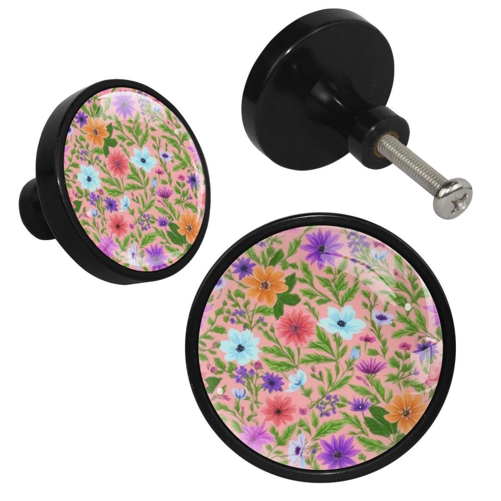 NUEAHEDN 4 PCS Aesthetic Colored Flowers Cabinet Knobs, Bathroom Drawer Pulls Handles, Round Dresser Knobs Door Knobs for Kitchen Cupboard Nursery Wardrobes