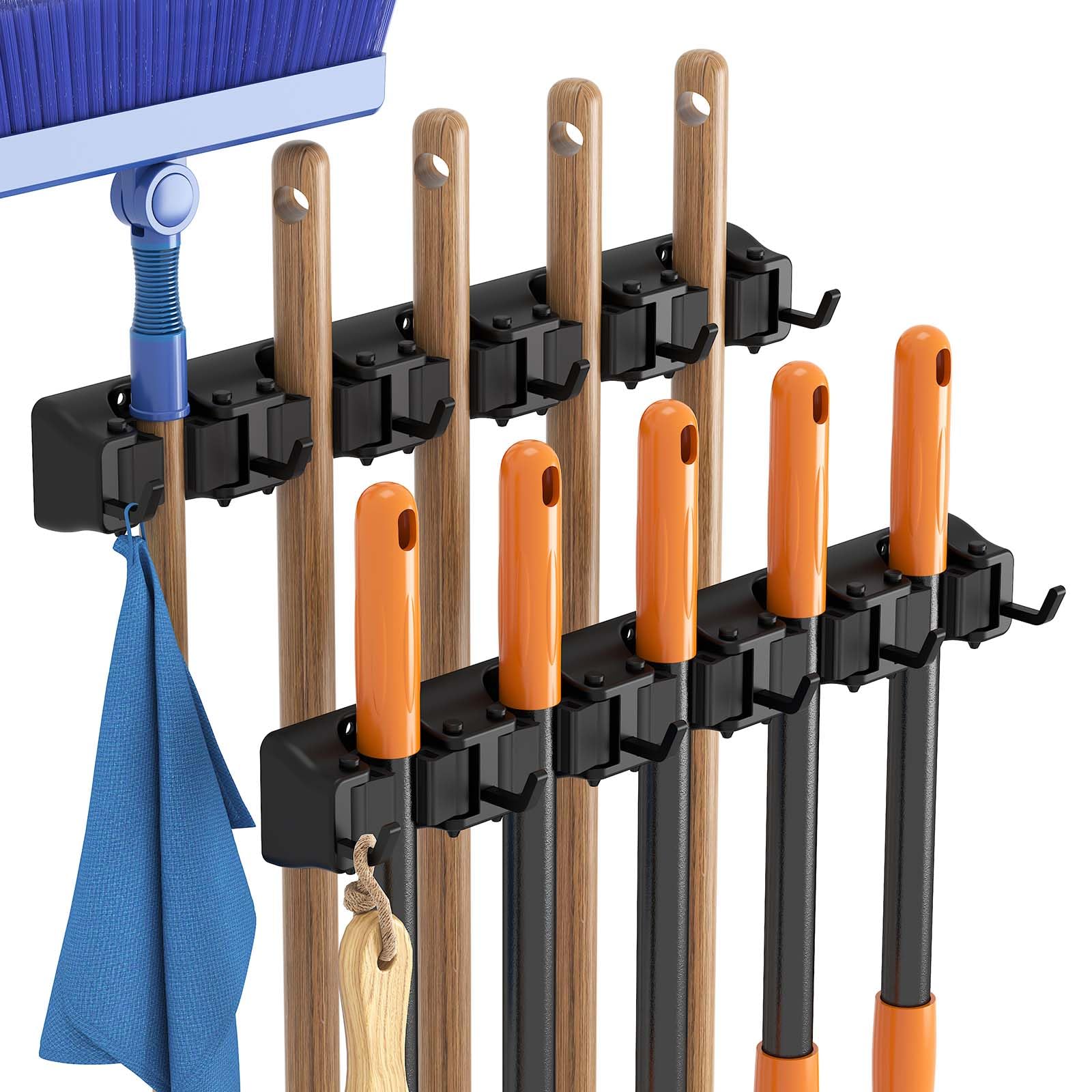 Lifewit Besenhalterung Wand, Anti-Rutsch-Besenhalterung für die Küche, 10 Schlitze Organizer für Reinigungsmittel, Einfache Installation,12 Haken Werkzeug-Organizer für Schrank,Garage, Schwarz,2 Pack