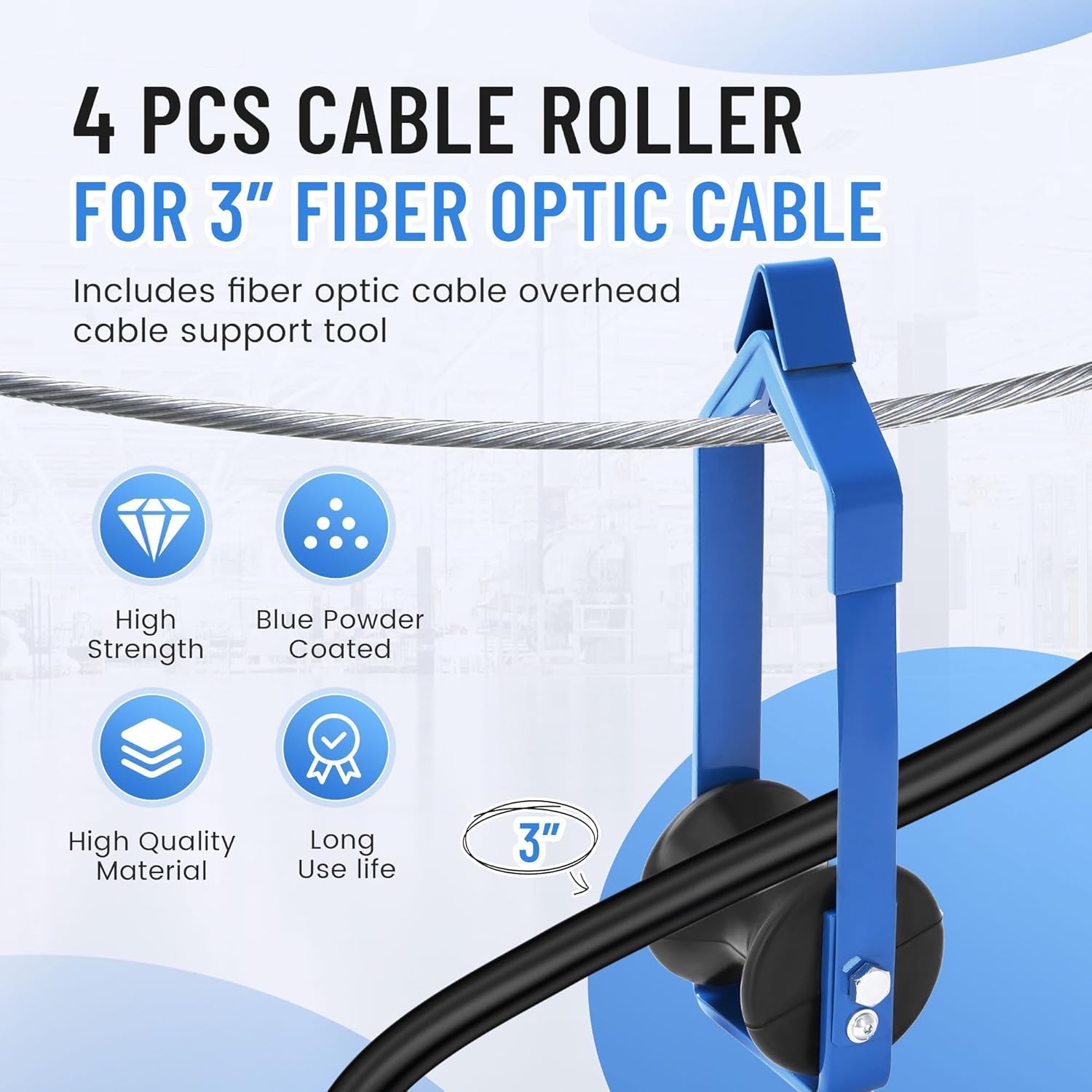 KUAFU 4 Pcs Universal Cable Roller 3" in Diameter Including Fiber Optic Cable Aerial Cable Support Tool Steel+Plastic Powder Coated Blue