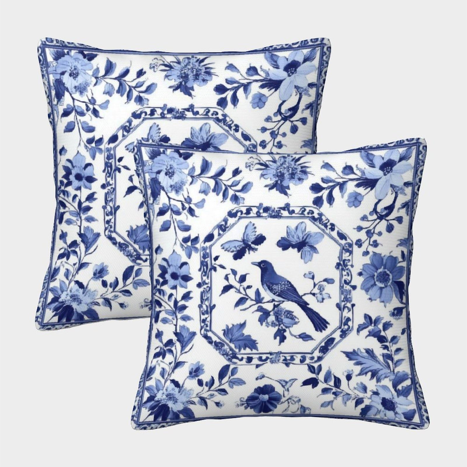 FELASBUID Blue Floral Bird Motif—Traditional Porcelain Design Pillow Covers 2 Pack Cozy Pillowcase Available All Seasons Cushion Cover Polyester Decorative for Couch Livingroom 40x40cm