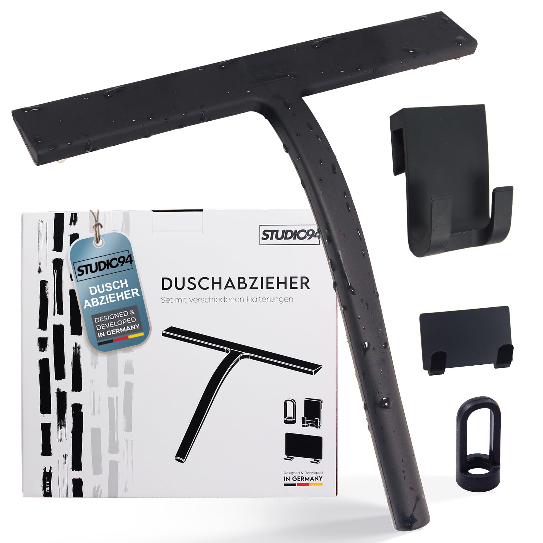 Studio94 Shower Squeegee - Squeegee for Shower, Bathroom, Tiles, Windows, Mirrors - Material: Black Silicone with Stainless Steel Core - Includes Various Brackets - No Drilling Required