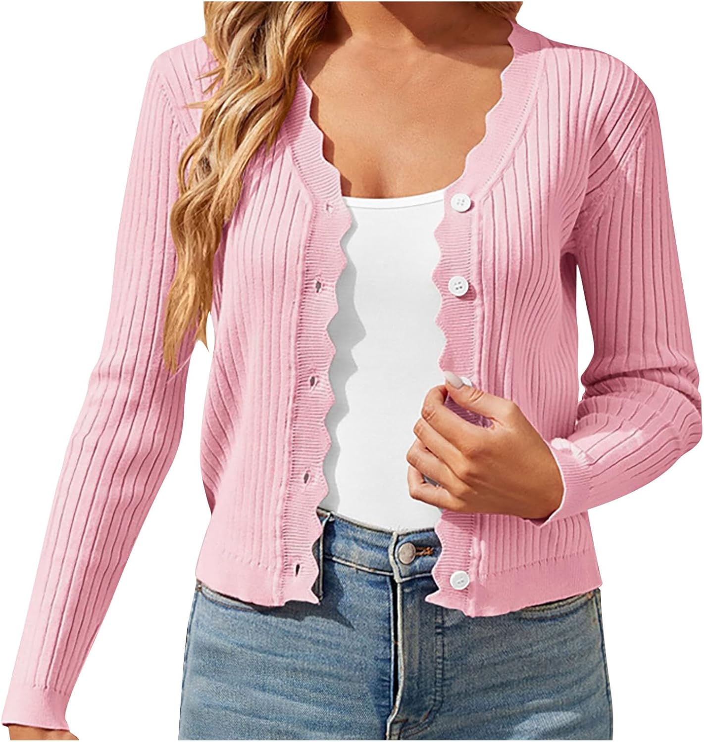Fashion Cropped Cardigan for Women Long Sleeve Lightweight Button Down Ribbed Knit Fall Casual Loose Fit Tops