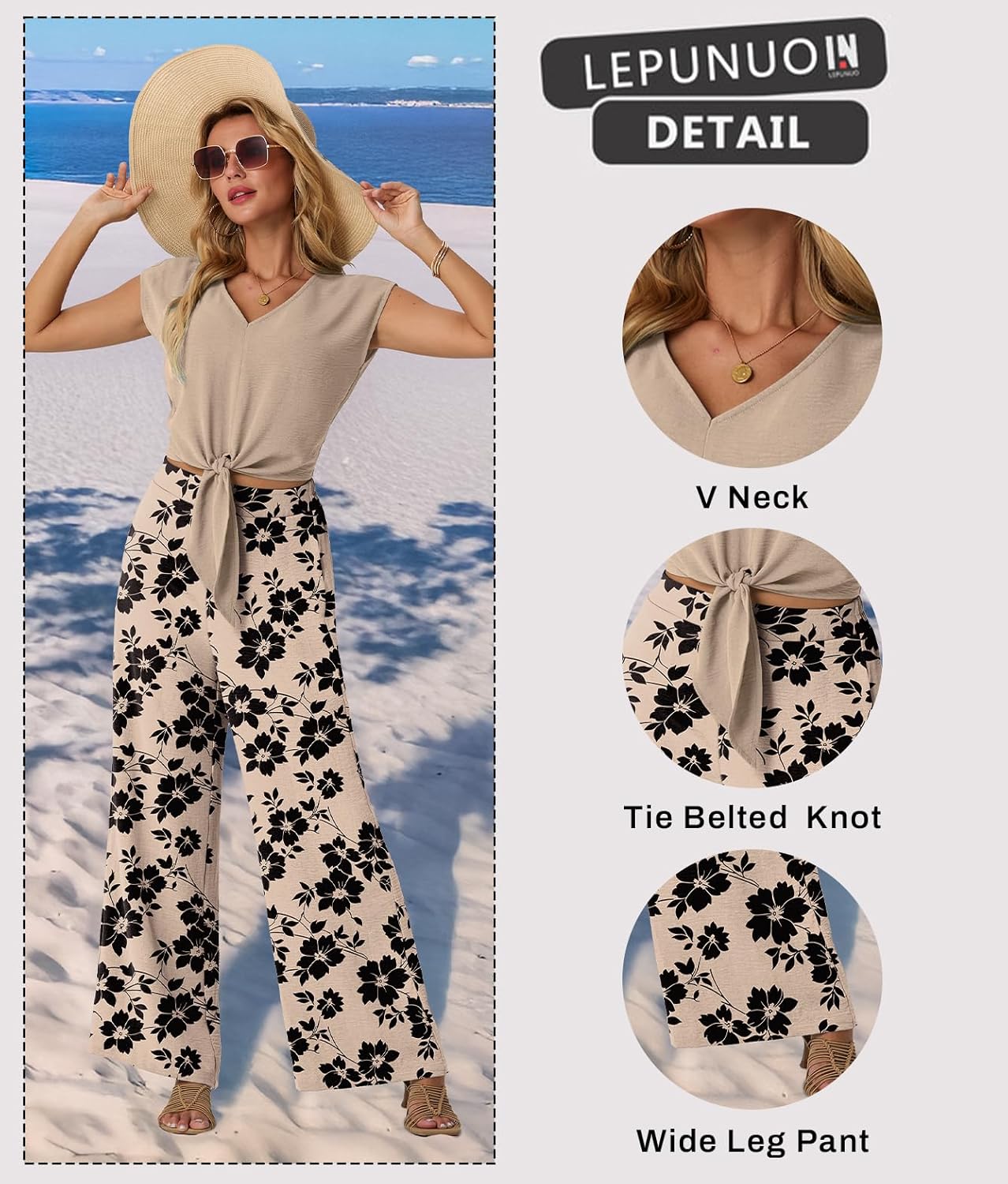 Lepunuo Women Summer 2 Piece Outfits Cap Sleeve V Neck Belted Crop Tops Casual Wide Leg Pants Matching Sets Travel Outfits - Image 2