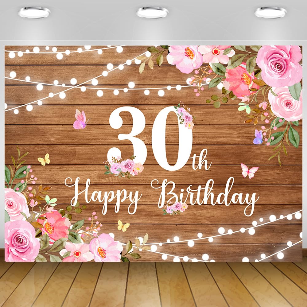Happy 30th Birthday Decorations for Her Rustic Wooden Happy 30th Birthday Banner Backdrop Pink Floral 30 Years Old Party Decoration Photography Banner