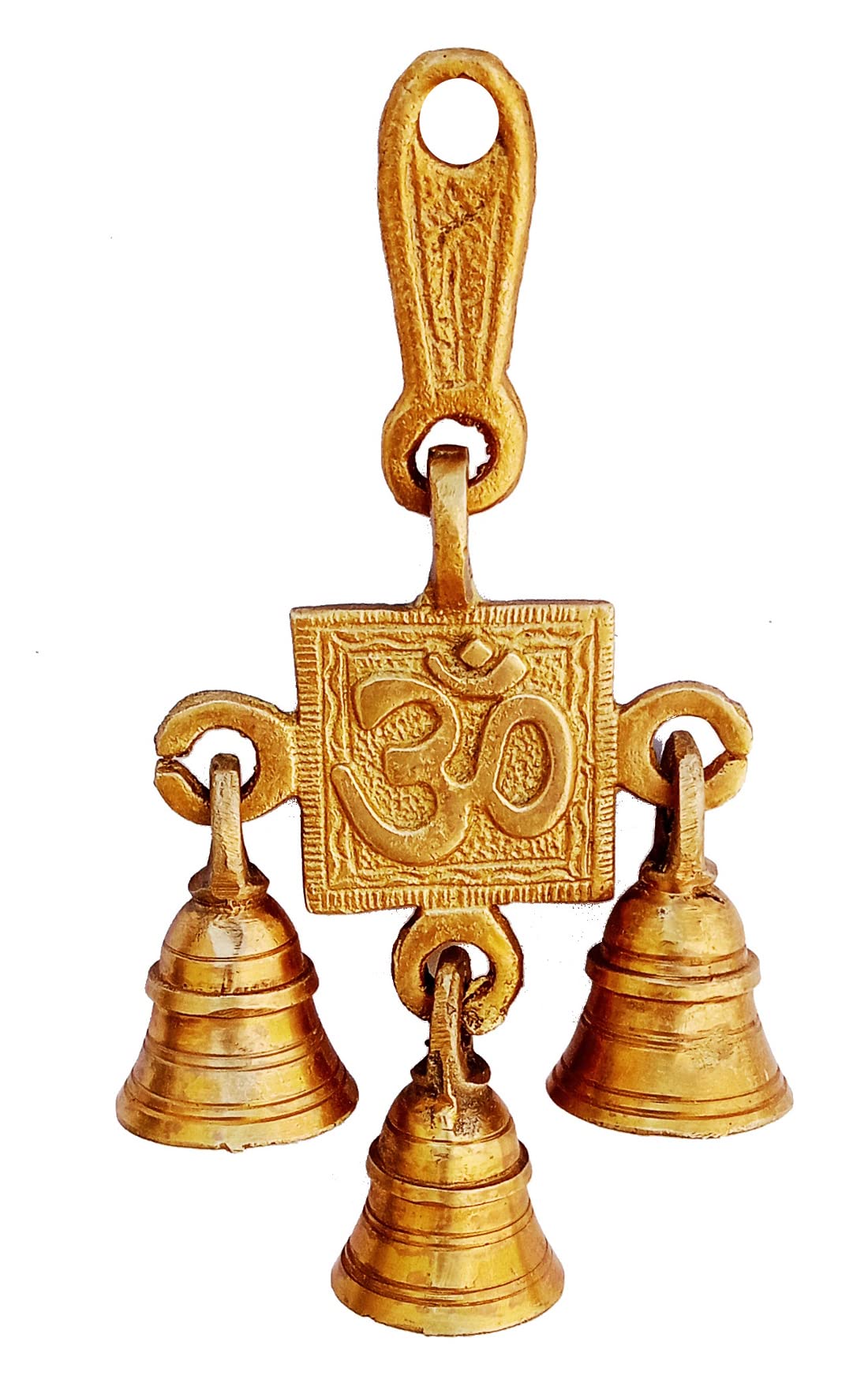 Purpledip Brass Wall Door Hanging With Bells: Om Aum (12419A)
