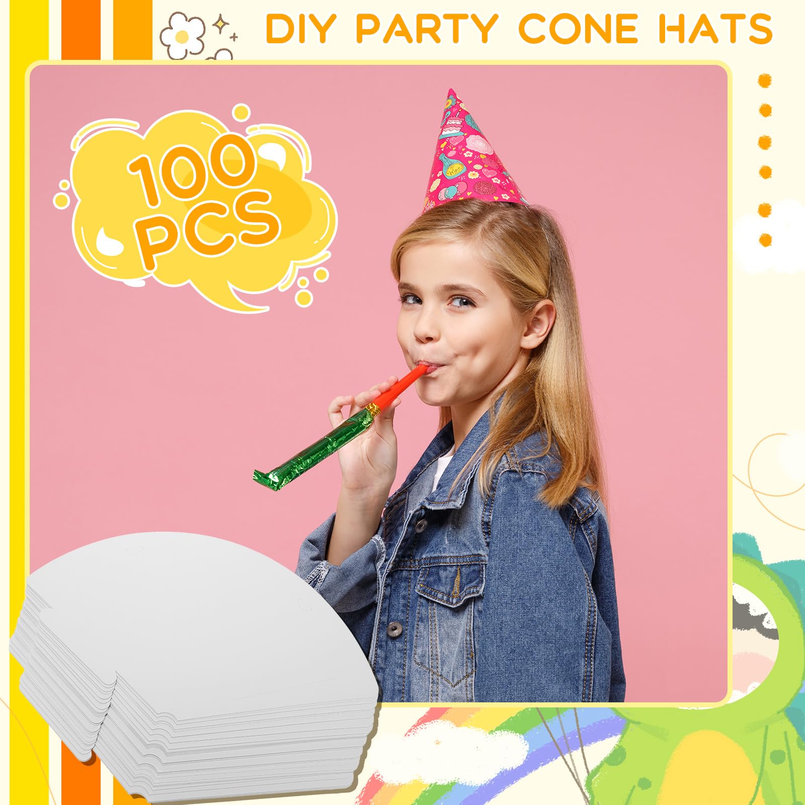 Qilery 100 Stück weiße Party-Kegelhüte zum Selbermachen, lustiger Geburtstagshut mit Seil, Aprilscherz, Eiscreme-Papier-Hut, Großpackung für Kinder und Erwachsene, Kunst, Malerei, Handwerk