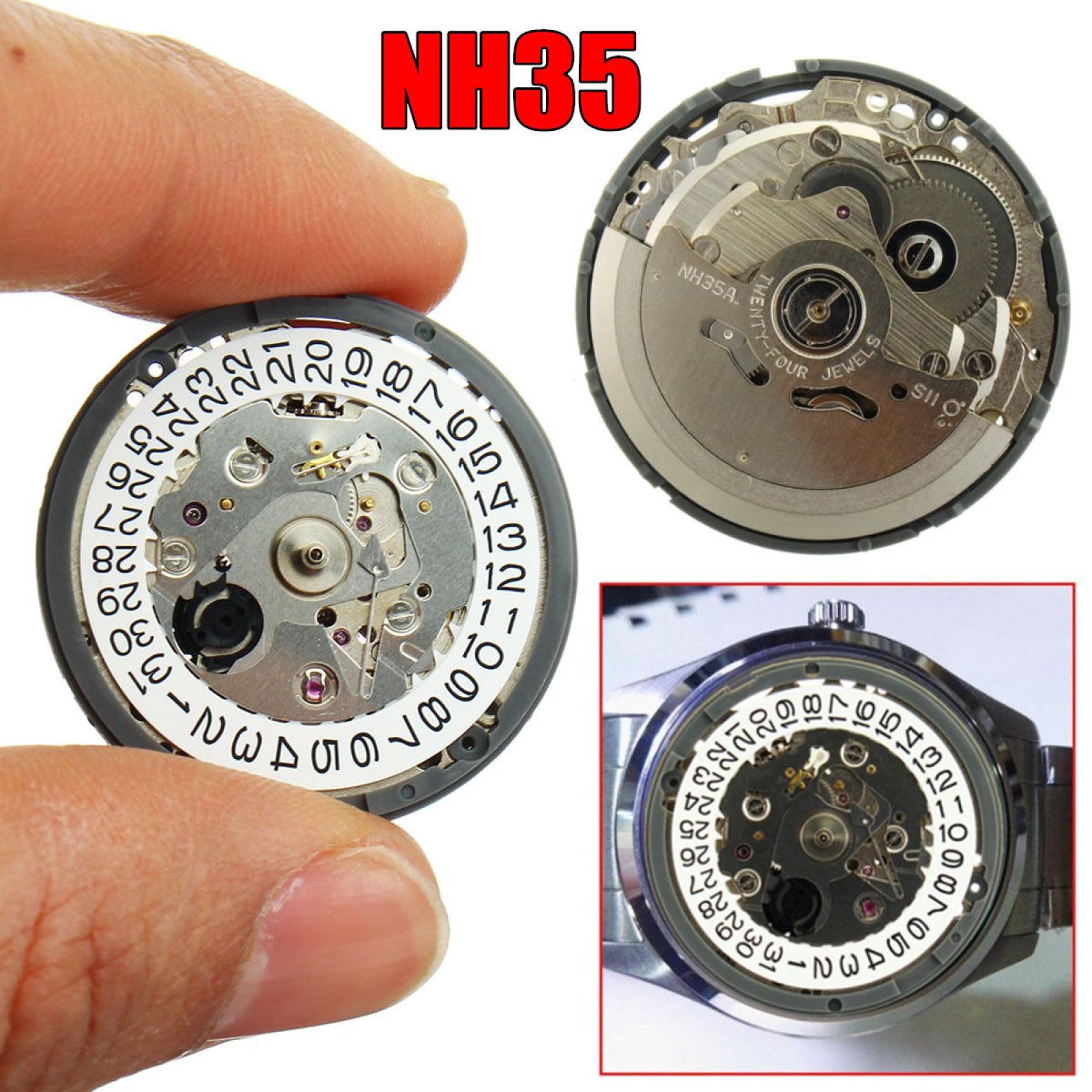 Movimiento mecánico automático con indicador de Fecha simulada a Las 3 en Punto. Este Movimiento es Compatible con Las Agujas NH35 y NH35A.