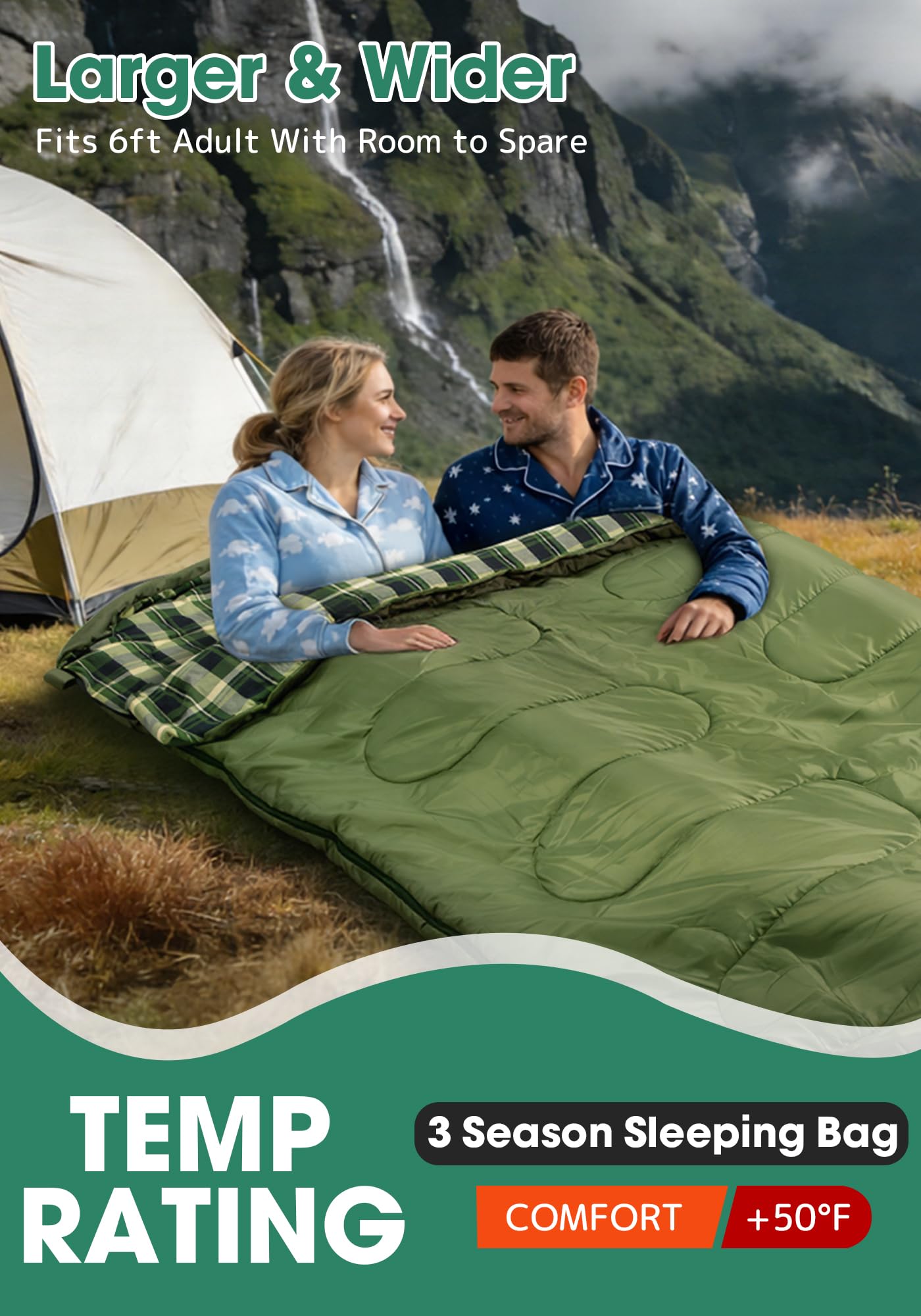 Saco de Dormir Doble de Franela de algodón con 2 Almohadas para Adultos y niños, Camping, 3 Estaciones, Saco de Dormir para Dos Personas, Ligero, Impermeable, con Saco de compresión, tamaño