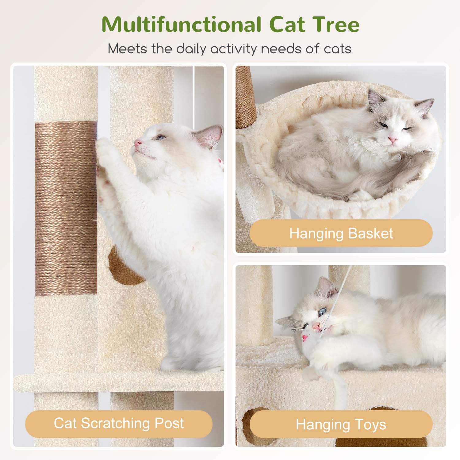 Globlazer Árbol Rascador Beige Esquinero Alto 168 cm con 3 Nidos, Grande Plataforma, Sisal Rascadores, Suave Cesta, Peluche Juguetes, Árbol Rascador Esquina Estable para 3-4 Gatos Adultos (F66, Beige)