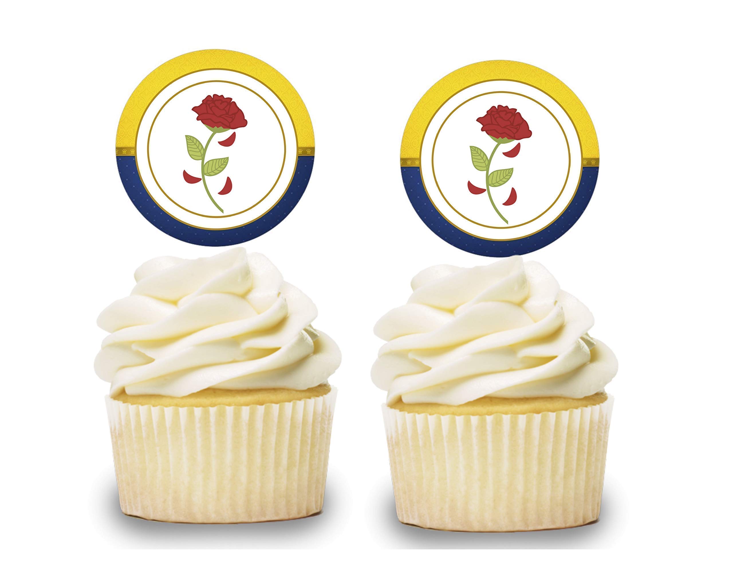 Beauty Cupcake Toppers 12 PCS, Red Rose Cake Picks, Baby Shower, Birthday Party Decorations Supplies, Princess, Beast Themed …